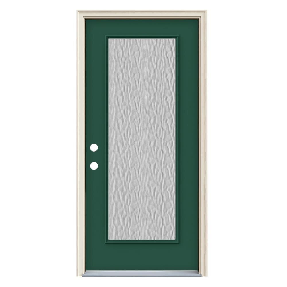 JELD-WEN LOWOLJW230600050 36-in x 80-in x 4-9/16-in Steel Full Lite Right-Hand Inswing Evergreen Painted Prehung Front Door with Brickmould Insulating Core