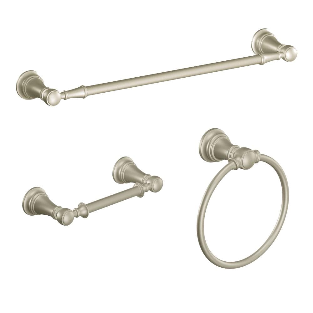 3-Piece Weymouth Brushed Nickel Decorative Bathroom Hardware Set with Towel Bar,Toilet Paper Holder and Towel Ring | - Moen YB84BN-KIT