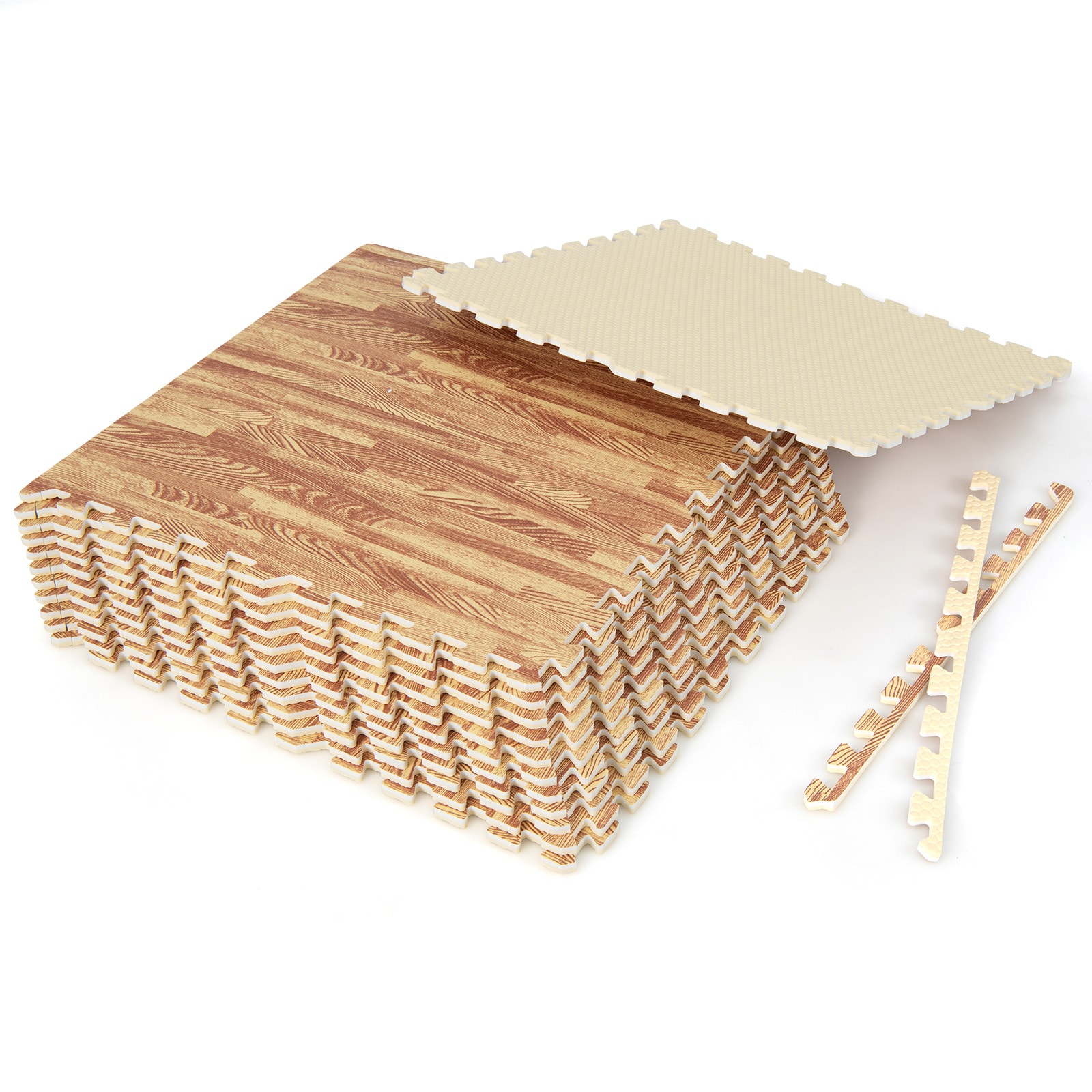 Costway - 12 Tiles Wood Grain EVA Foam Floor Mats Interlocking with Borders 24'' Natural