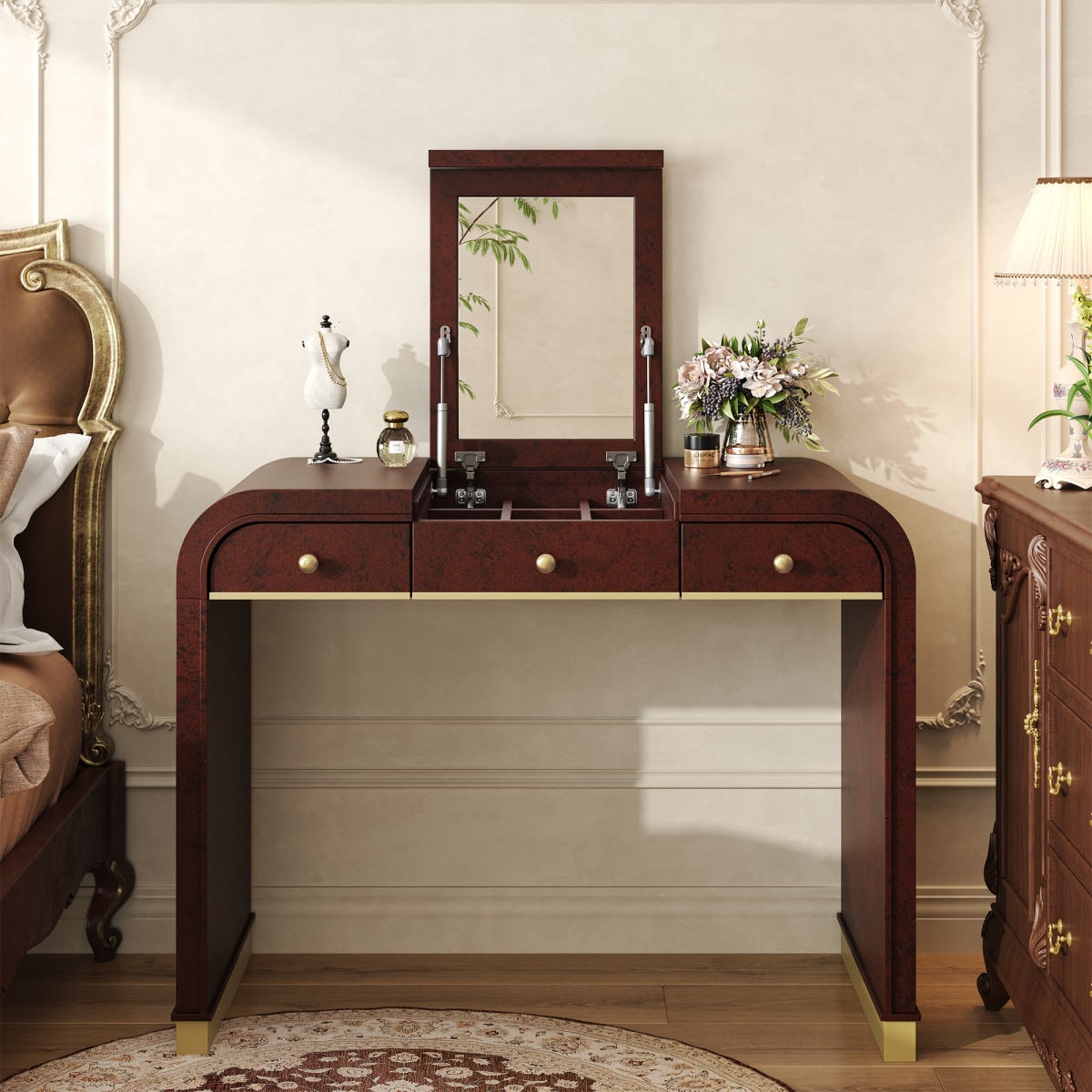 Streamdale Furniture Streamdale Classic Wood Vanity Desk with Flip Mirror 3-in-1 Dressing Table Espresso in the Makeup Vanities department at