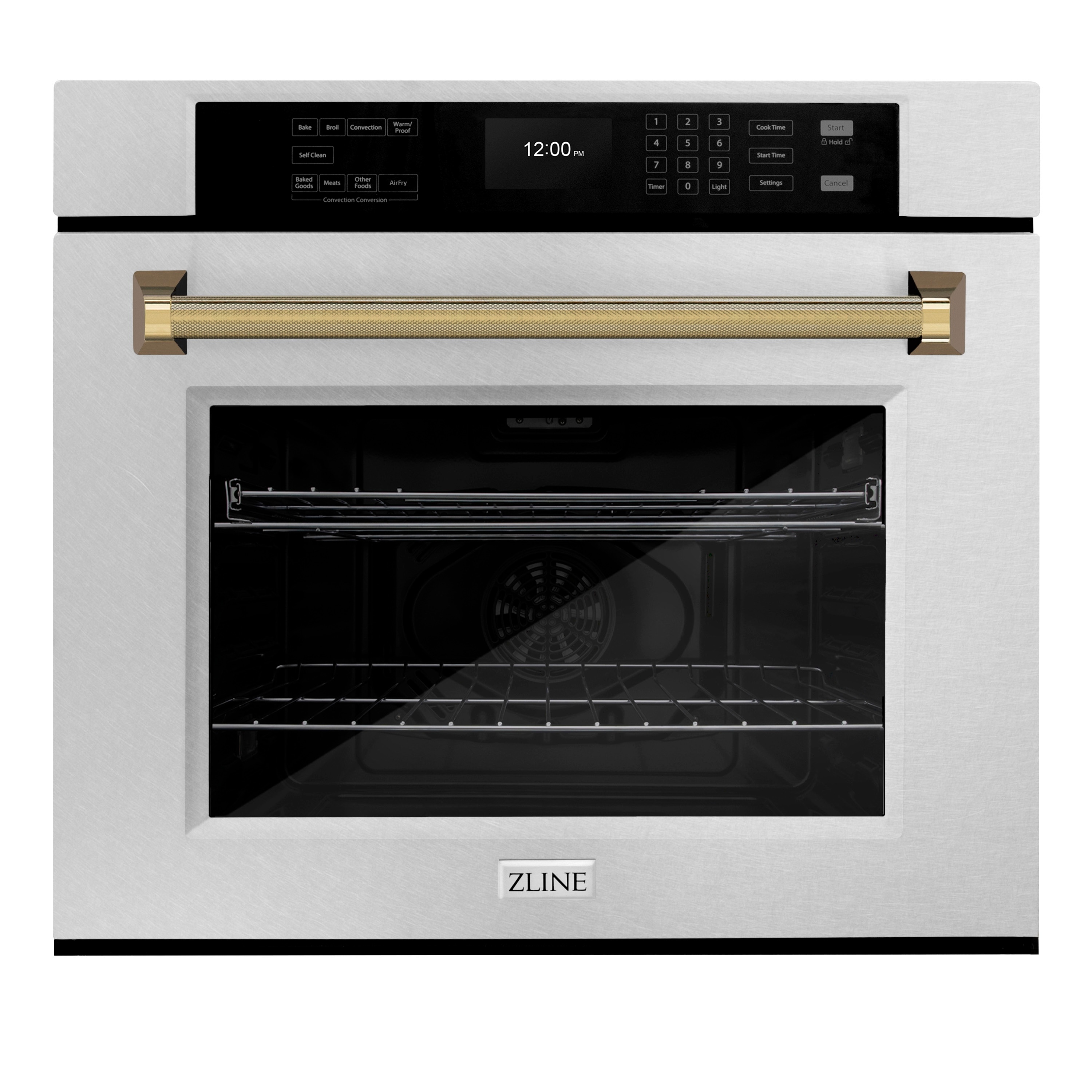 ZLINE KITCHEN & BATH 30 inch Single Electric Wall Oven with Air Fry True Convection and Self-cleaning ( Satin Stainless Steel, Polished Gold Handle ) #WASSZ-30-KG