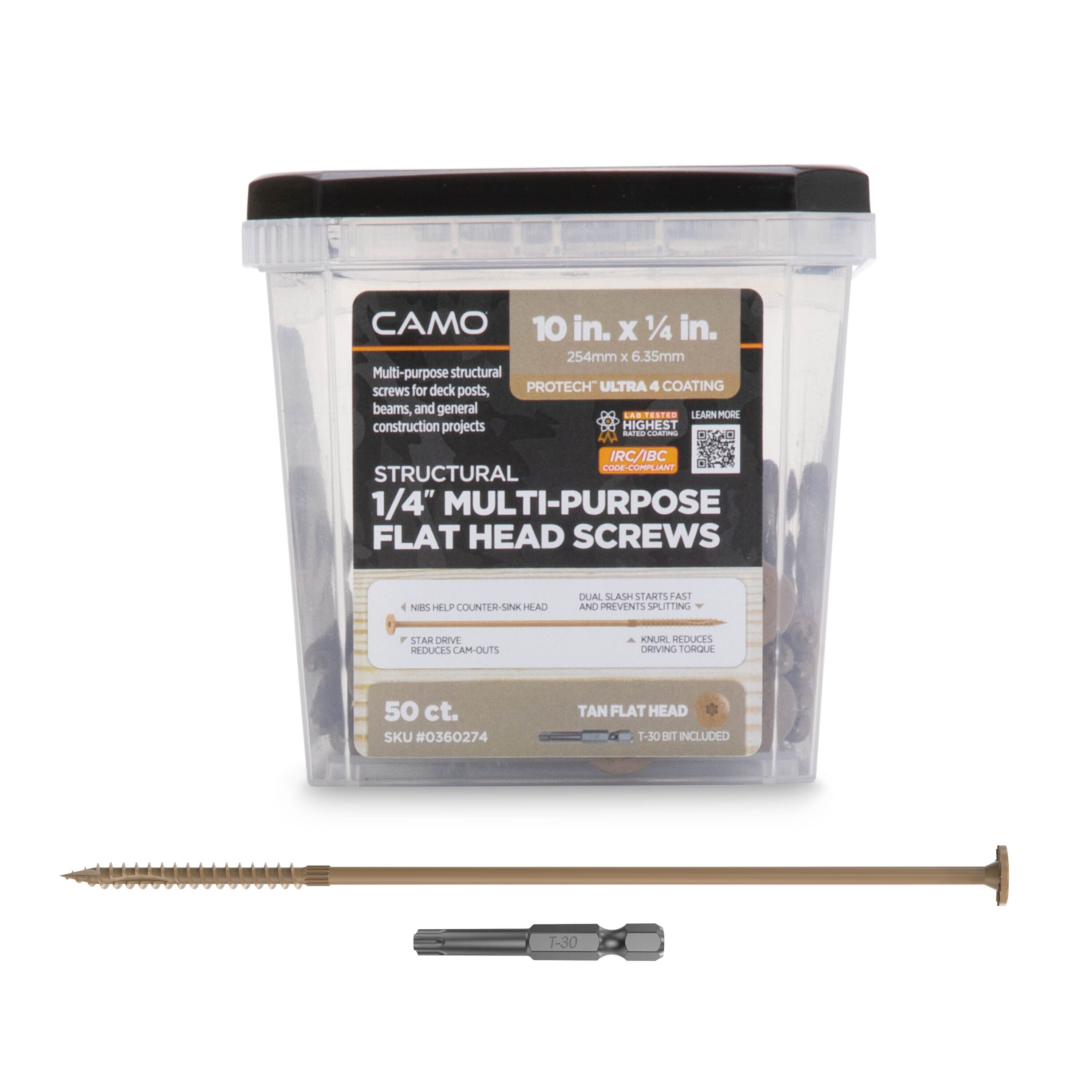 CAMO 0360274 1/4-in x 10-in Tan Polymer Flat -Head Exterior Structural wood screws 50 -Pack