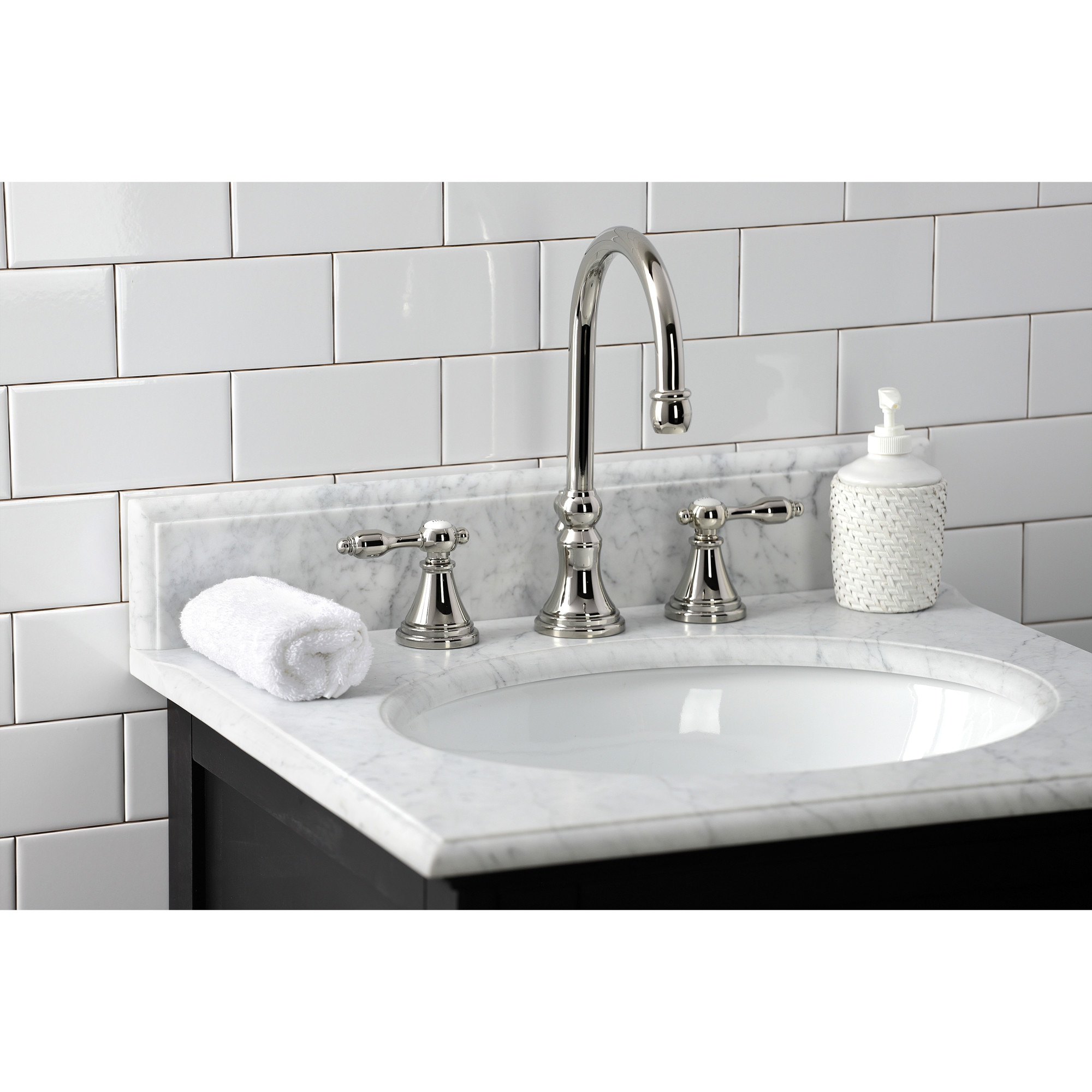 Kingston Brass WLKS2986TAL Tudor Polished nickel Widespread 2-handle High-arc Residential Handle Bathroom Sink Faucet with Drain