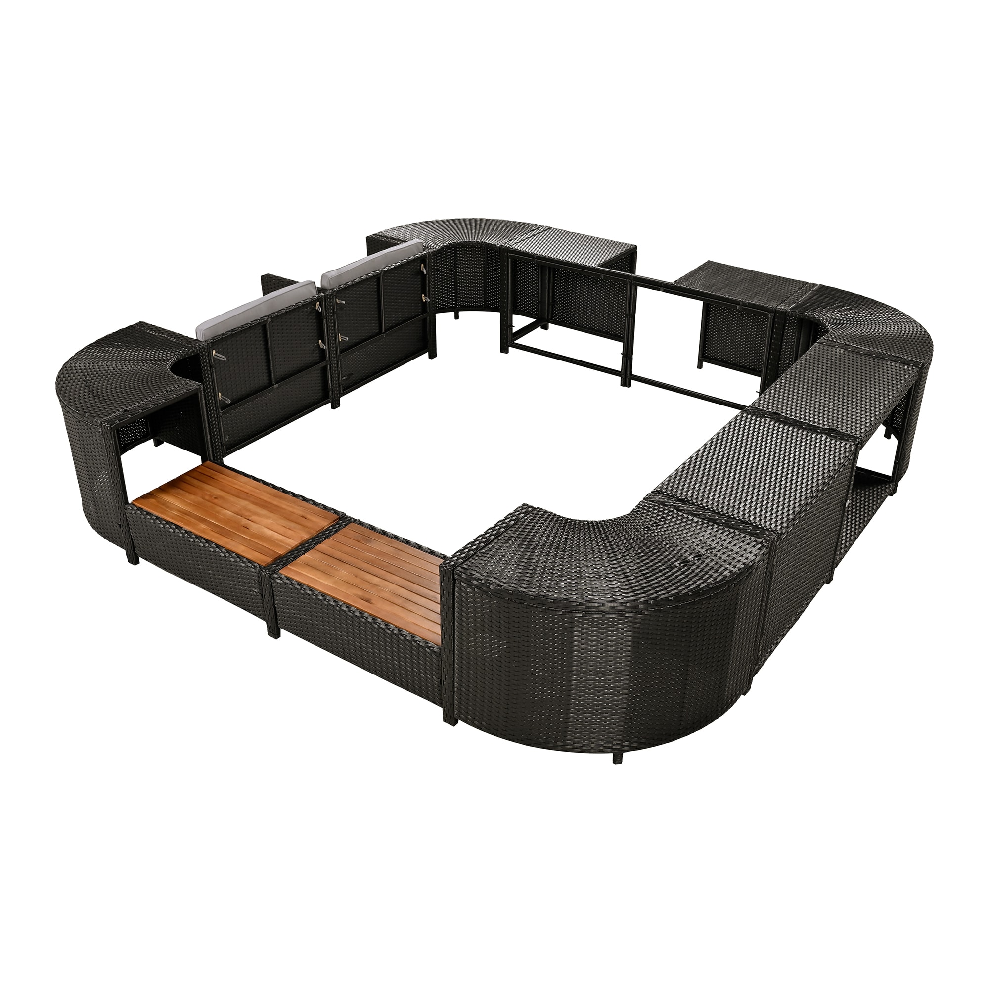 ModernLuxe L-SZ000070AAE Spa Surround Spa Frame Quadrilateral Outdoor Rattan Sofa Set Rattan Outdoor Sectional with Gray Cushions and Steel Frame