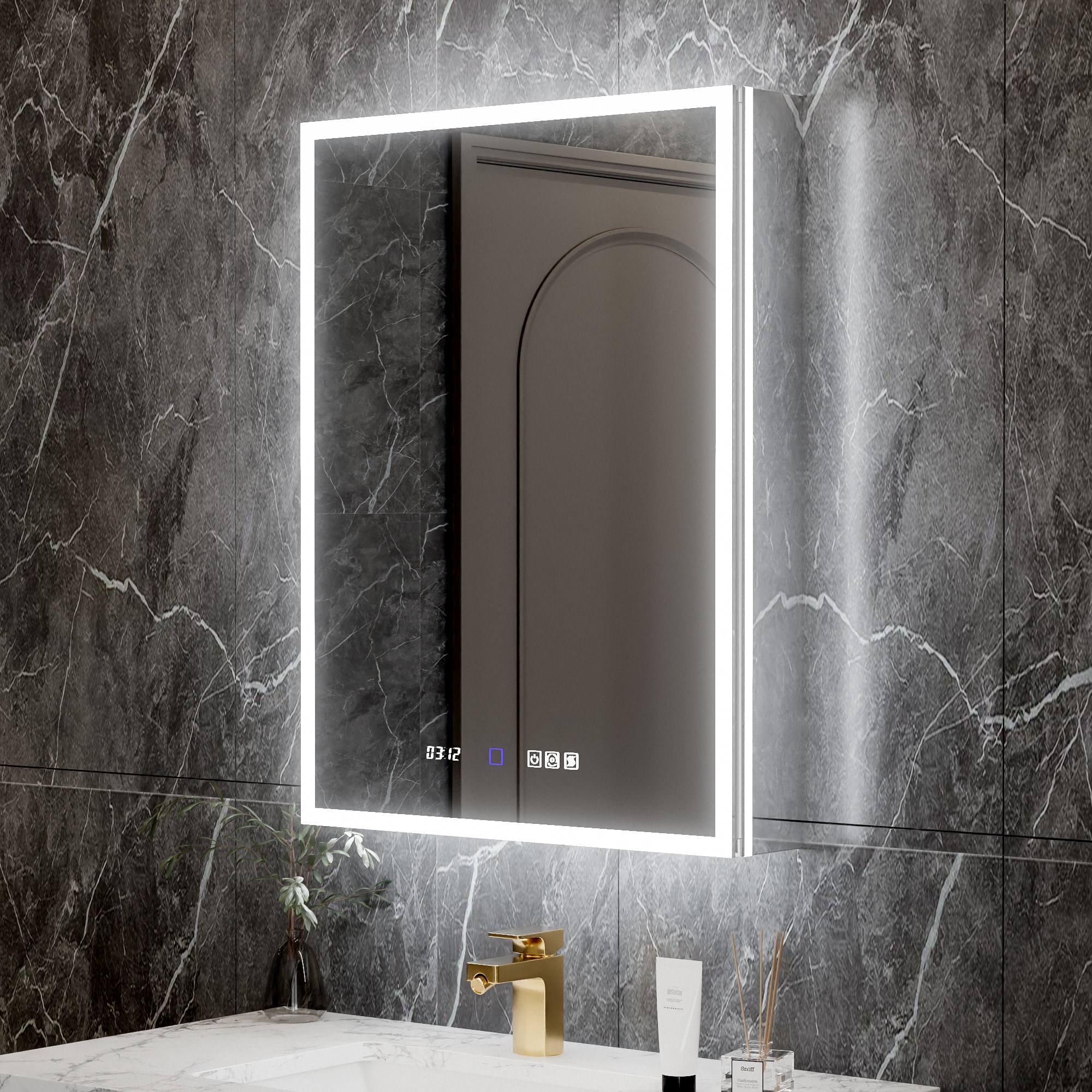 AAZJ JDEX-V12MED2432R V12 LED Medicine Cabinet 24-in x 32-in Lighted LED Fog Free Surface/Recessed Mount Silver Mirrored Rectangle Medicine Cabinet with Outlet