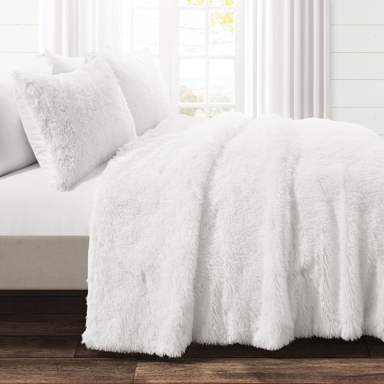Full White Faux Fur Reversible Comforter Set