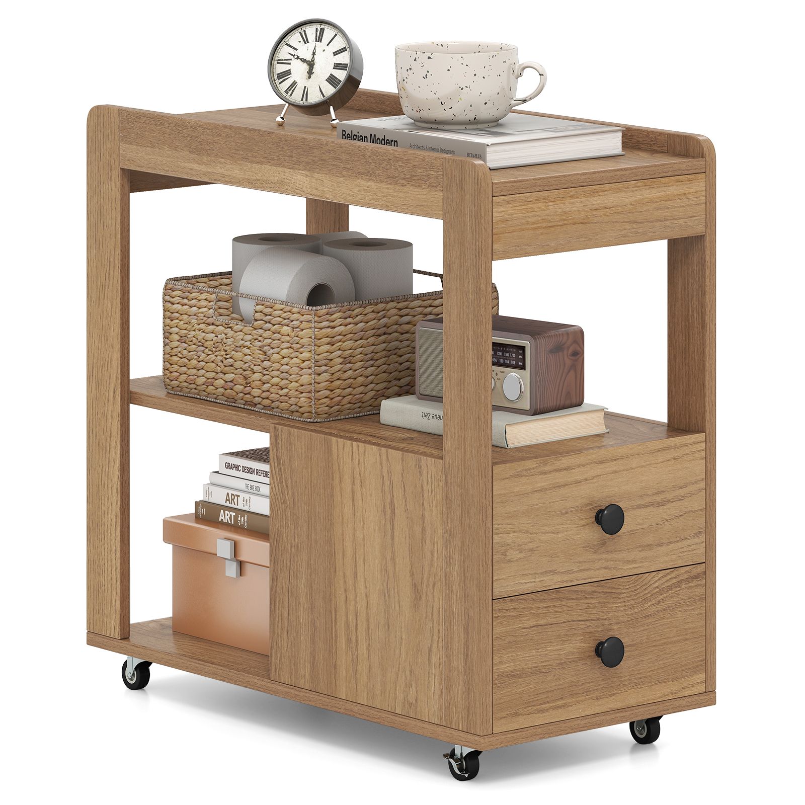 Slickblue Rolling Storage Side End Table - 25.5-in W x 24.5-in H Engineered Wood Rectangular Modern End Table With Drawers and Shelves for Living Room or Bedroom - Natural/Black