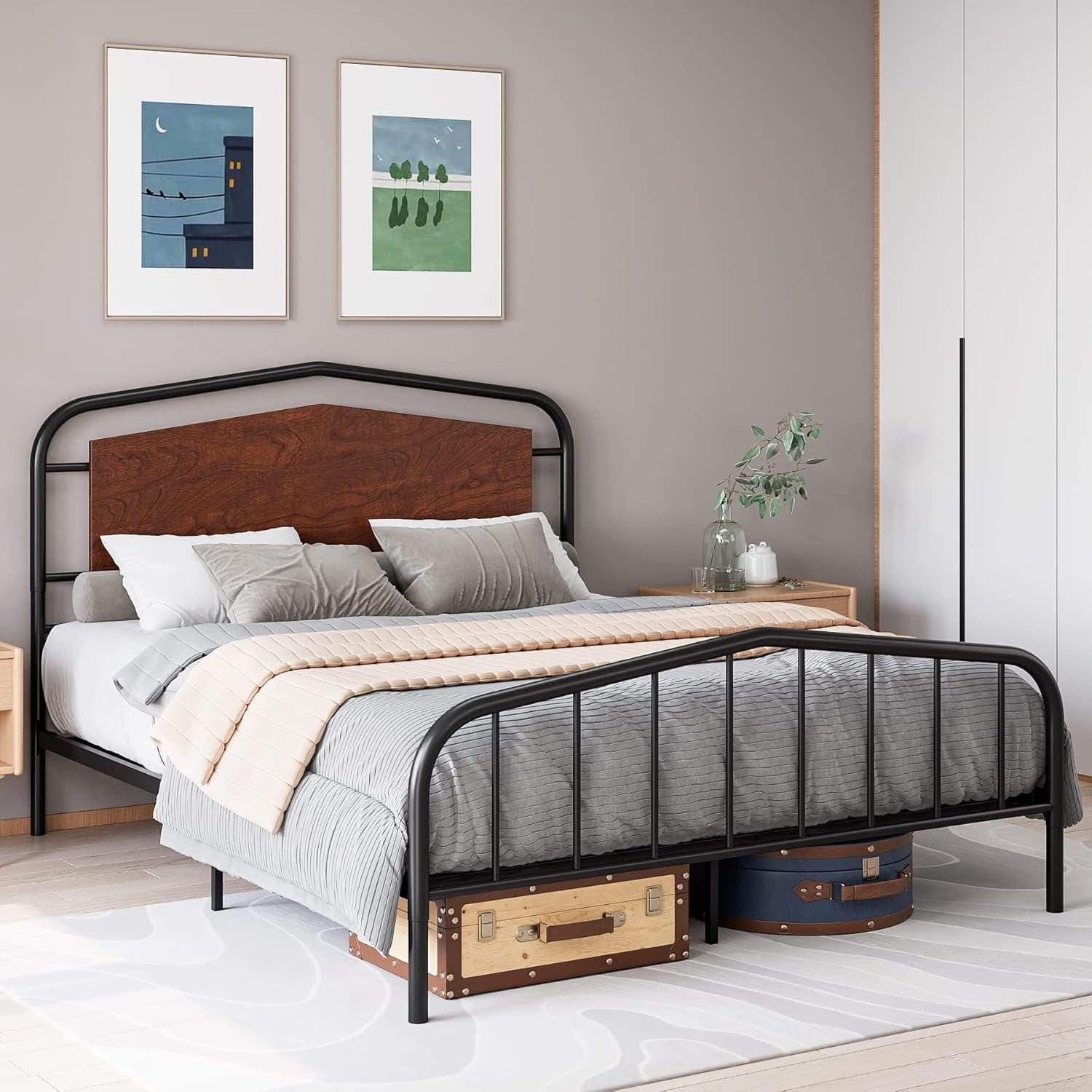 Qeetex - Full Size Industrial Metal Platform Bed Frame with Wooden Headboard - Noise-Free Under-...