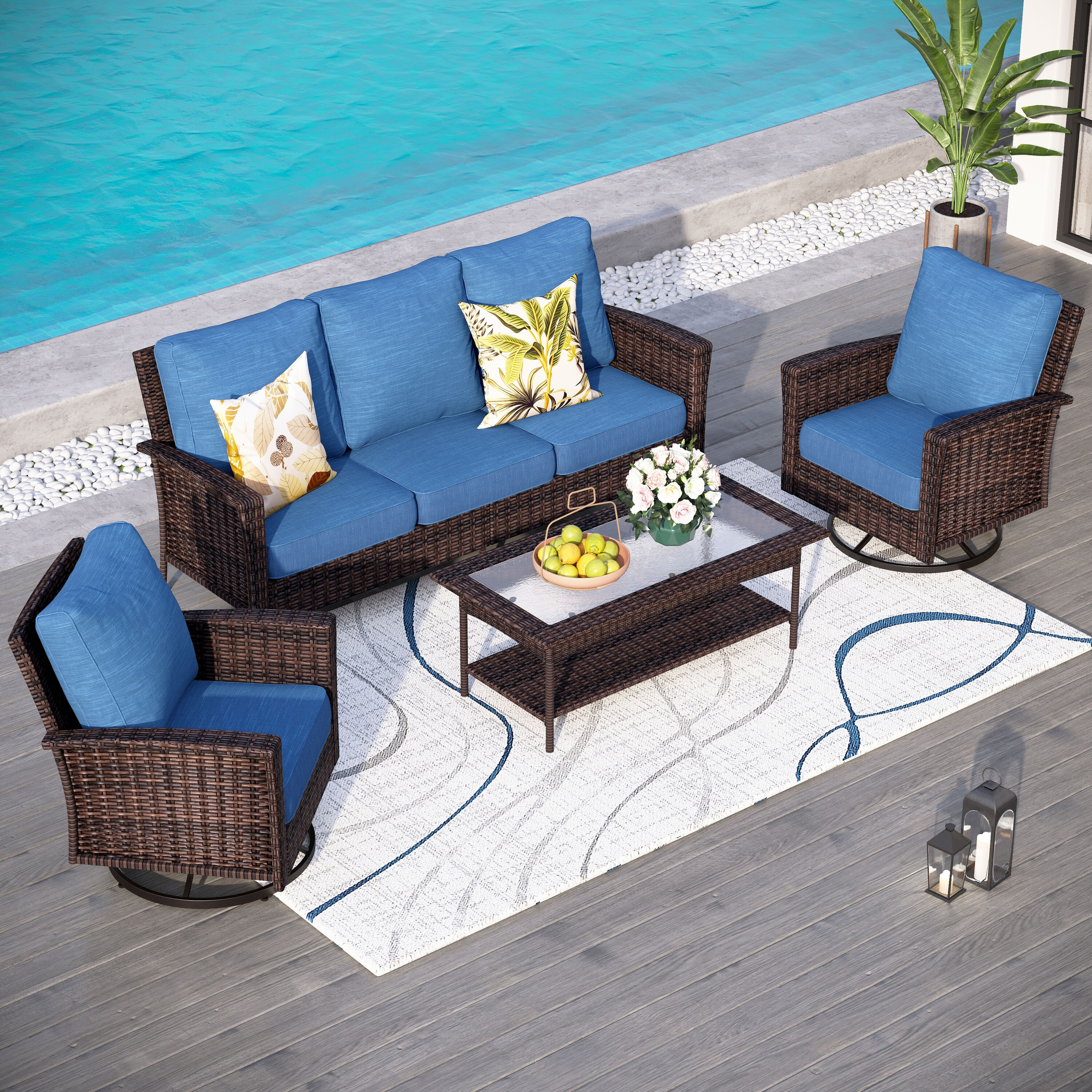 Sunshine Valley CR005-01-5 4-Piece Wicker Patio Sofa Conversation Set with Blue Cushion Pro Cushions
