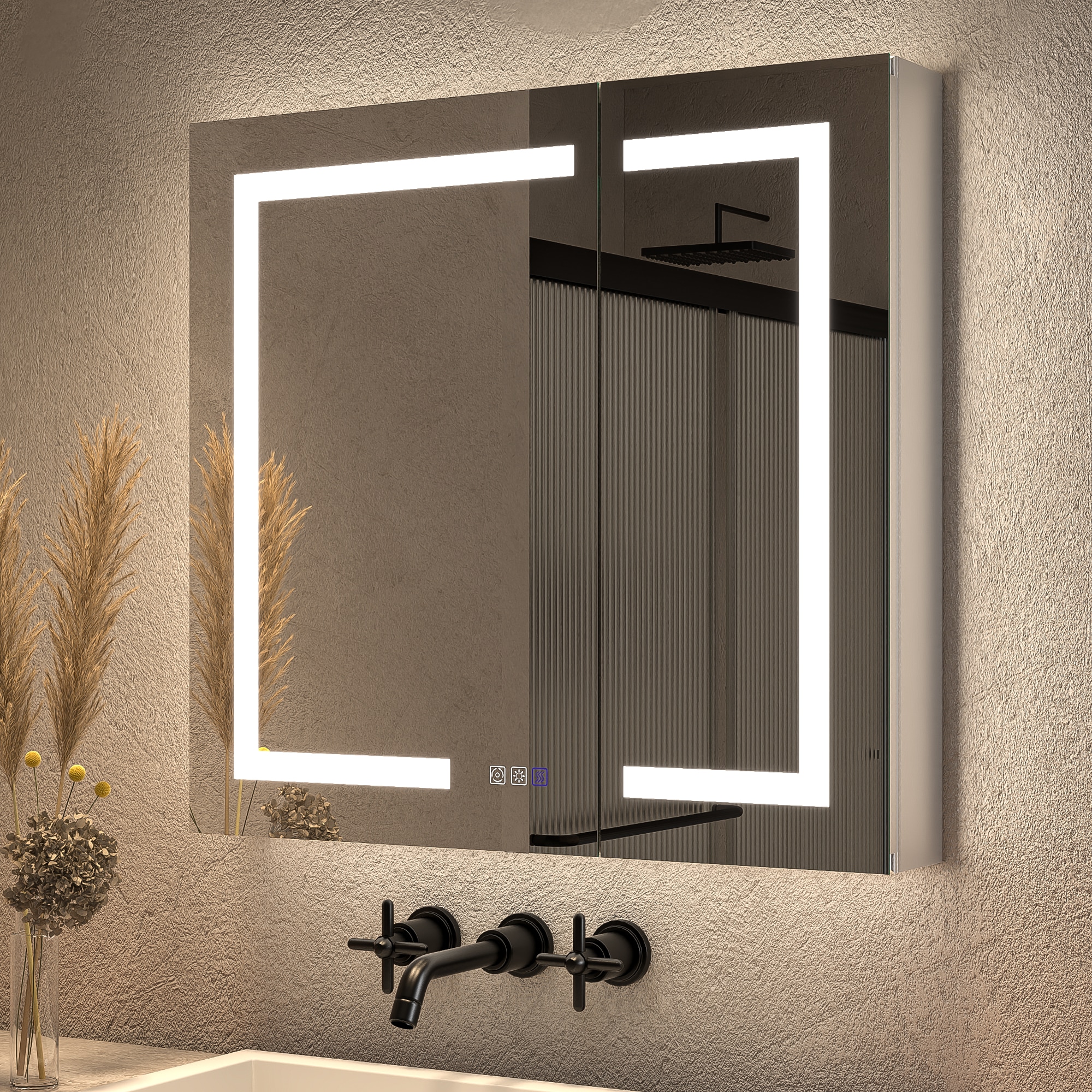 ExBrite EBMC3230V3DX Opale 32-in x 30-in Lighted LED Fog Free Surface/Recessed Mount Silvery Gray Mirrored Rectangle Soft Close Medicine Cabinet with Outlet