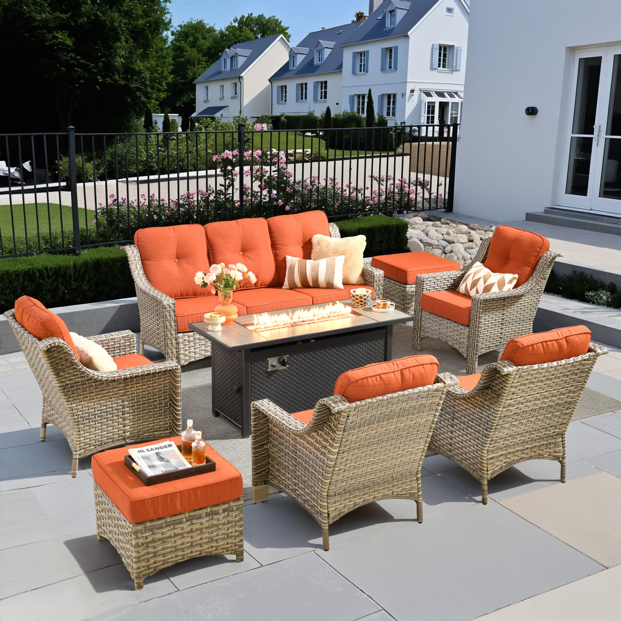 Pouuin SDFPAD808 8 -Piece Wicker Patio Sofa Conversation Set with Orange Cushions