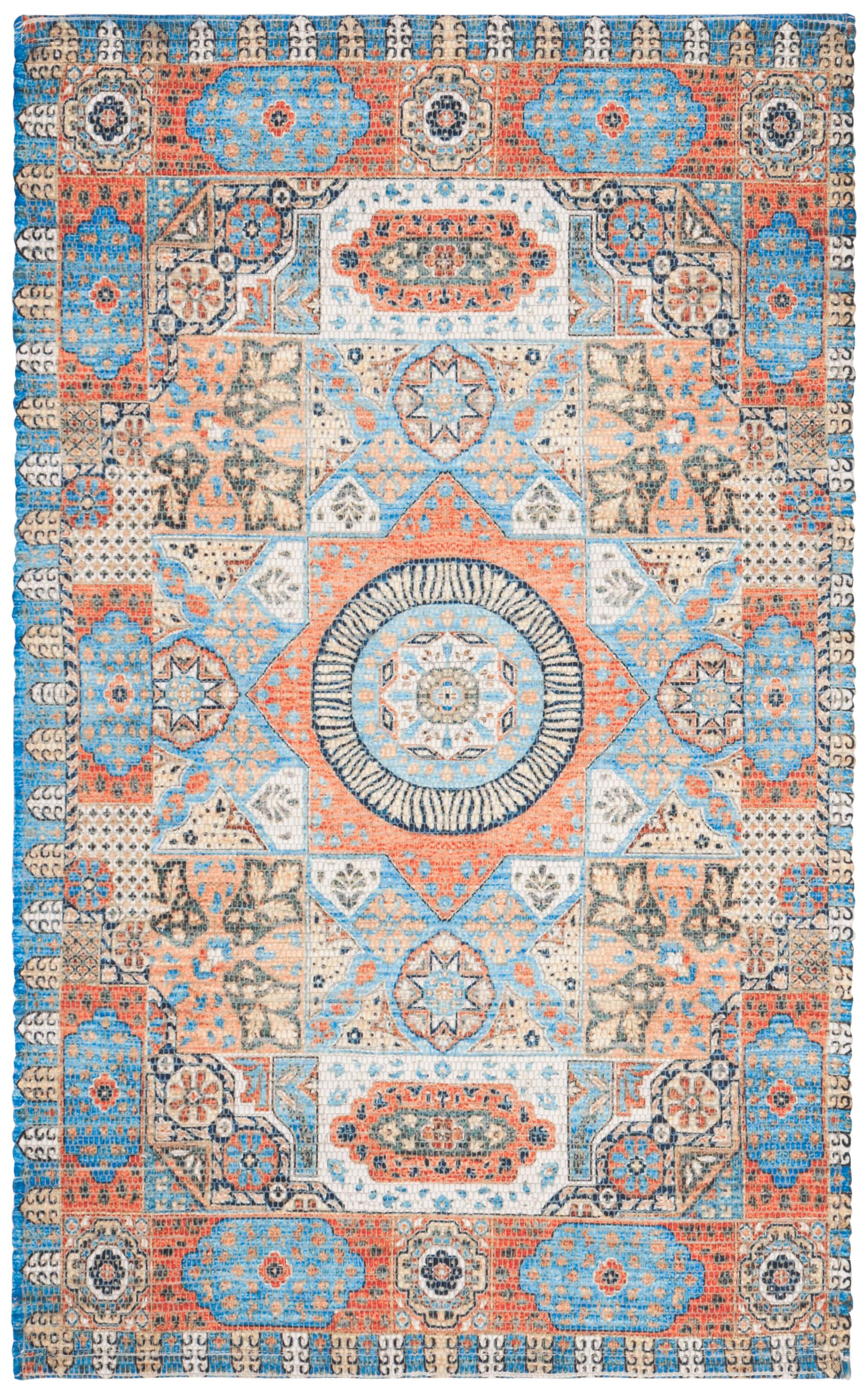 Coastal Breeze Blue and Orange Hand-Loomed 4' x 6' Wool-Cotton Blend Rug
