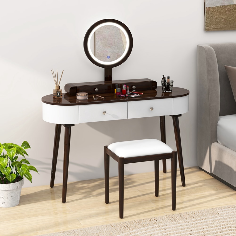 Costway HCST00884 Solid Wood Makeup Vanity Desk Set with LED Lighted Mirror Drawers Cushioned Stool White + Brown