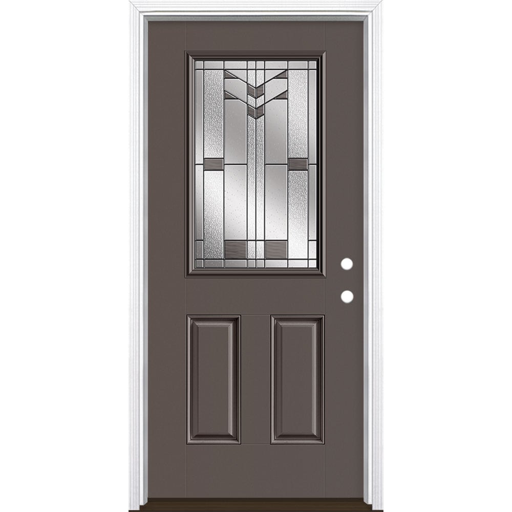 Masonite 3420429 Frontier 36-in x 80-in x 4-9/16-in Fiberglass Half lite Left-hand inswing Timber Gray Painted Prehung Front Door with Brickmould Insulating core
