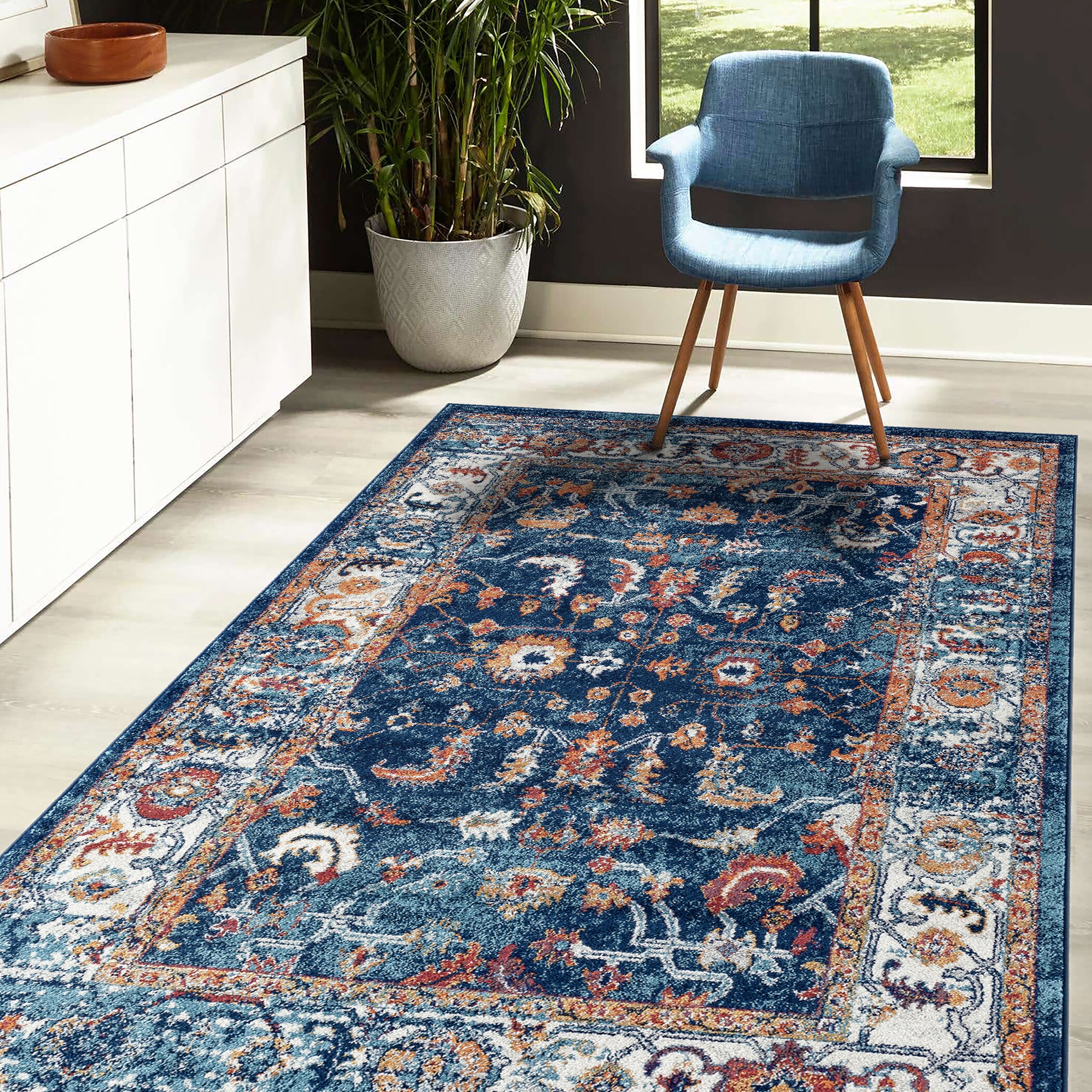 AMER ALX850406 Alexandria 4 x 6 (ft) Loomed Polypropylene Blue Rectangular Indoor Border Throw rug