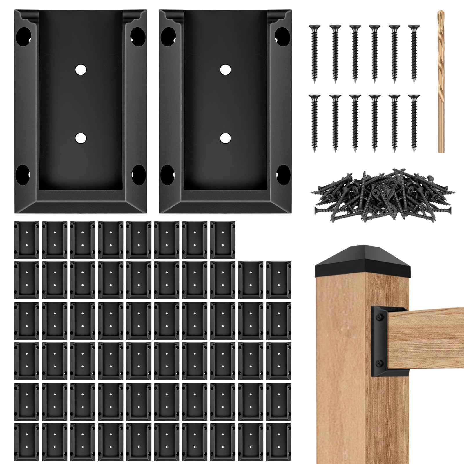 Vrbgify  50 pcs Deck Railing Bracket Connectors for 2x4 Wood Post with 300 Screws for Fence Handrail Stair Indoor Outdoor Black