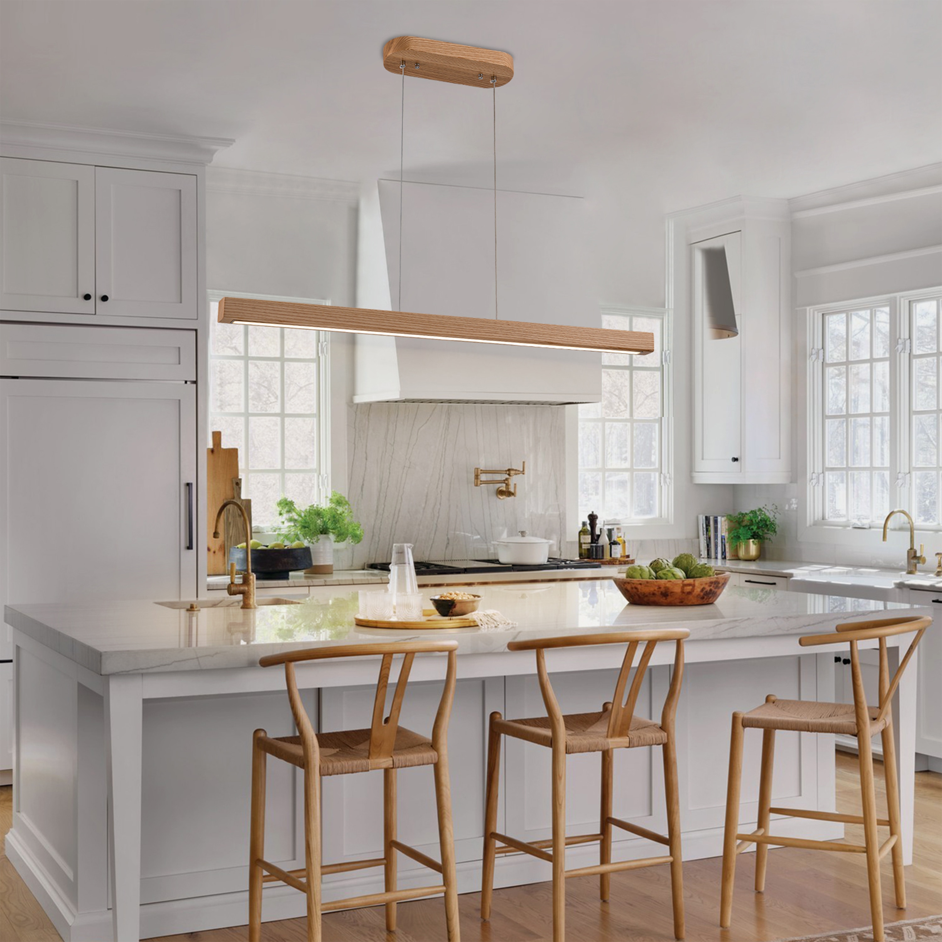 GoYeel ZP090WD100 1 -Light Natural Wood Color Farmhouse Linear Integrated LED Hanging Kitchen island light