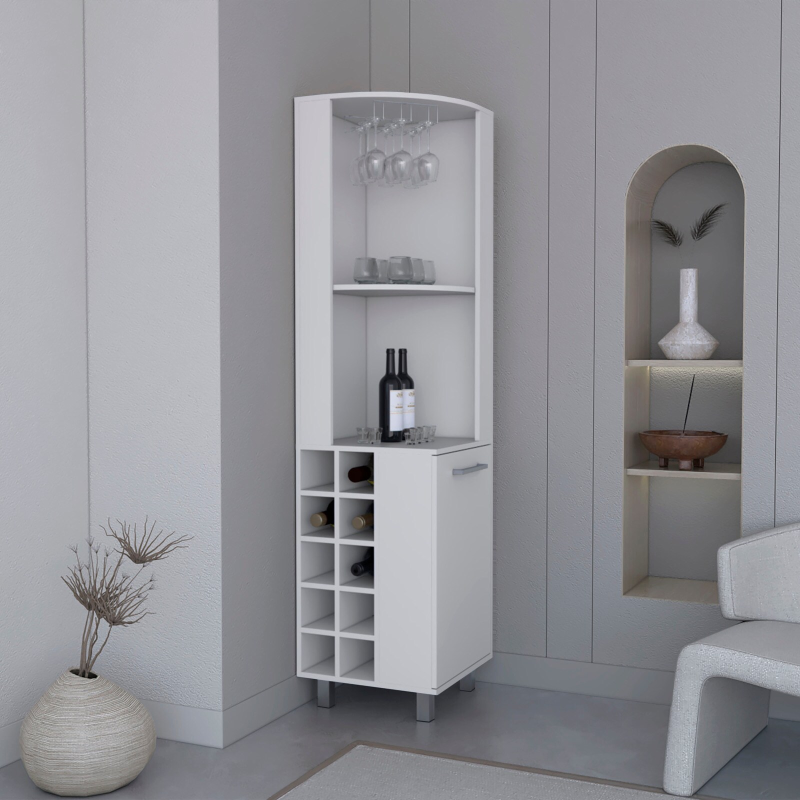 CHITA Modern Corner Bar Cabinet with 4 Shelves for Dining Room Kitchen and Home Entertaining for Wine Storage and Home Entertaining White