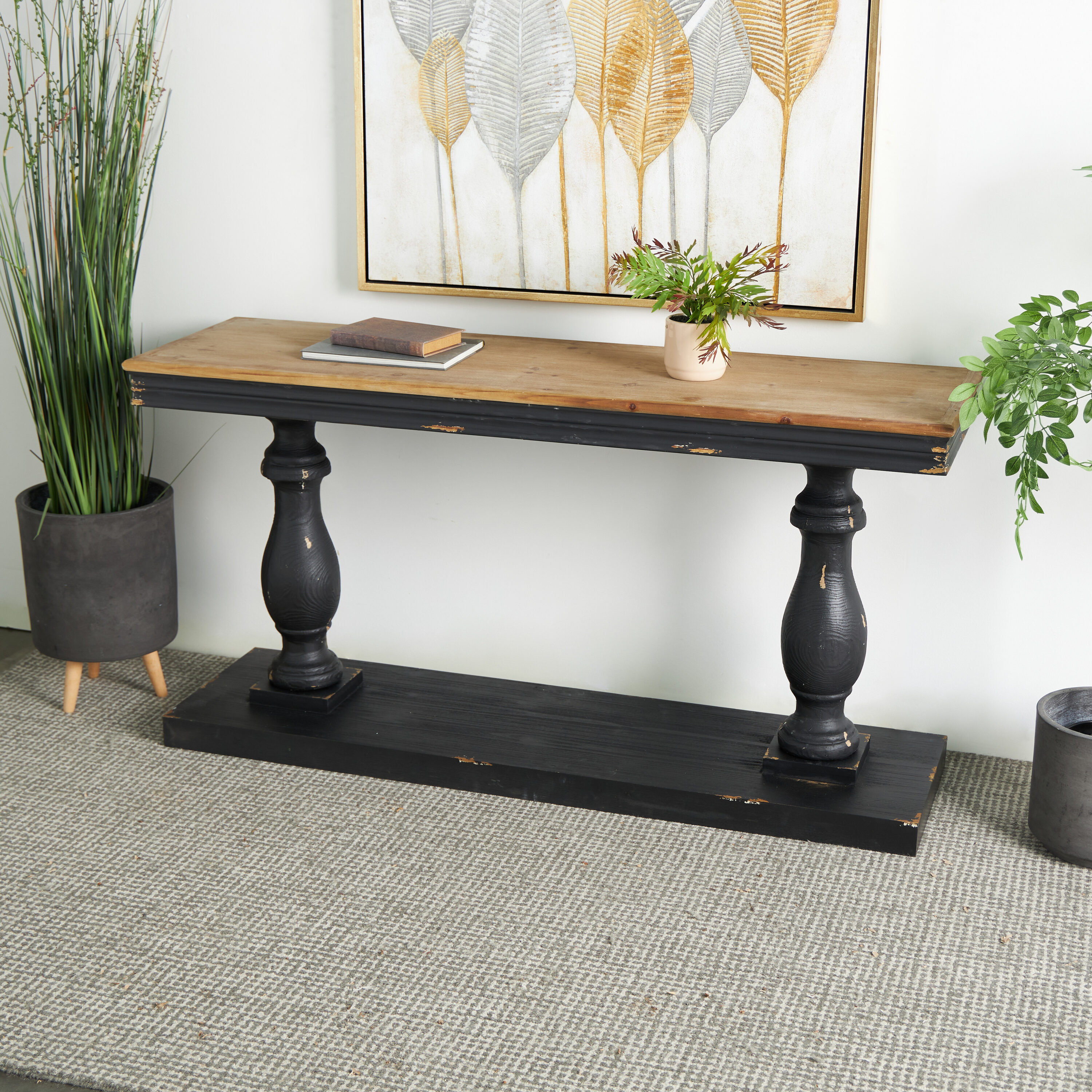 Grayson Lane 85441 Rustic 59" Black Distressed with Brown Wood Top Console table