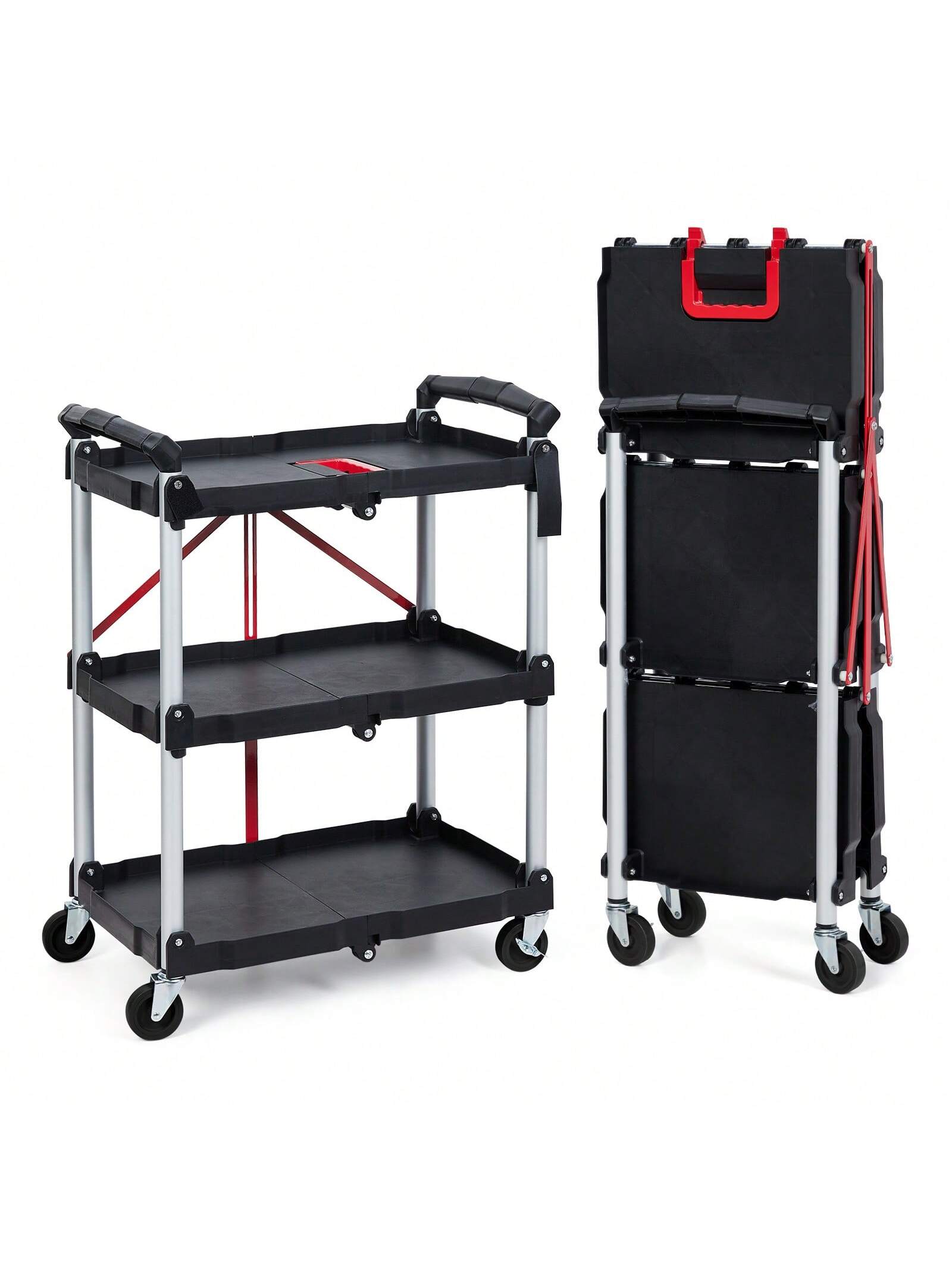 Qeetex Collapsible Utility Cart. 3-Tier Foldable Service Cart With 360° Swivel Wheels. Ergonomic Handle. Heavy Duty Portable Rolling Tool Cart For Garage. Warehouse. Office #PHO-3379BGDC-HF4