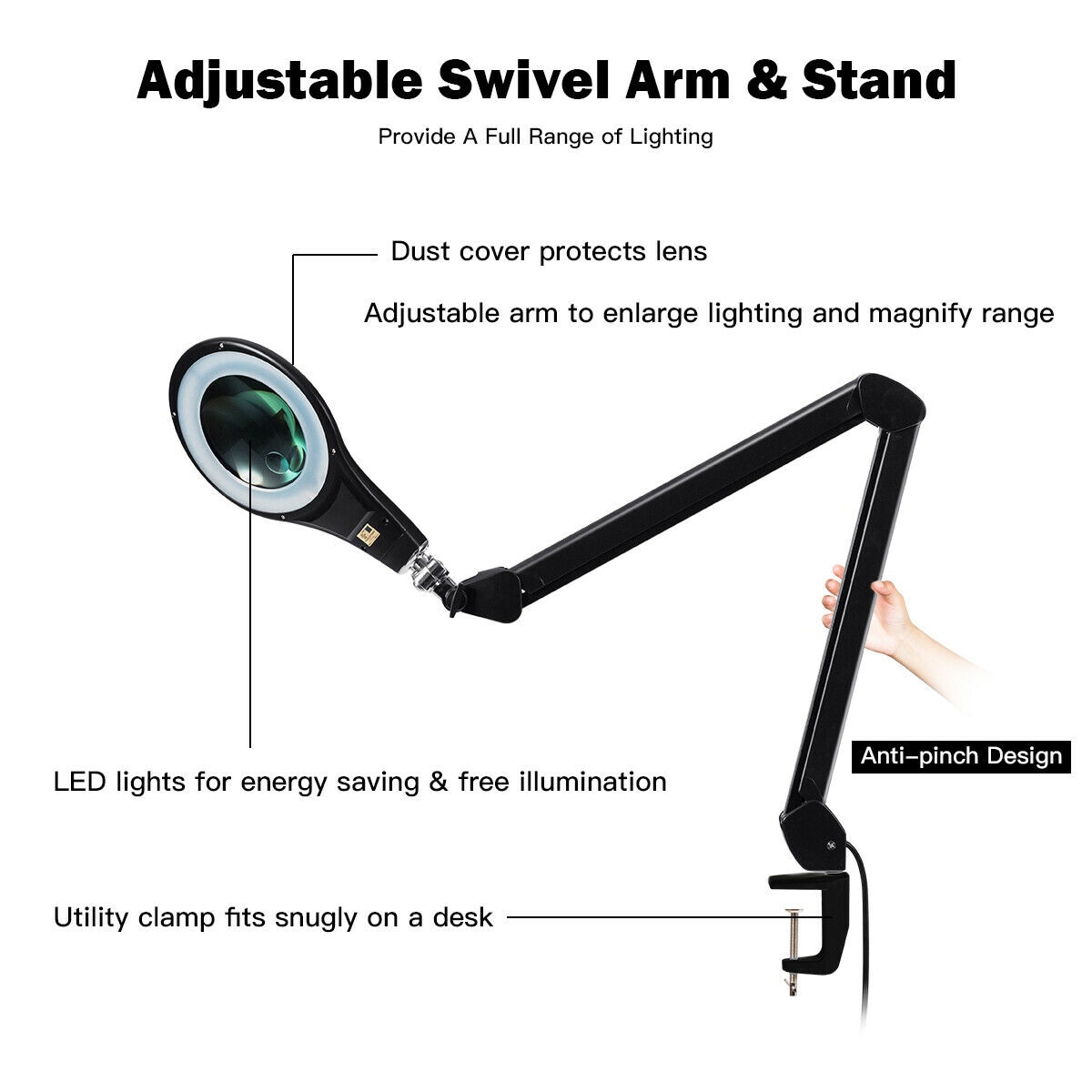 WELLFOR CW Magnifying Lamp 47-in Adjustable Magnifying Black Swing-arm Desk  Lamp with Glass Shade in the Desk Lamps department at