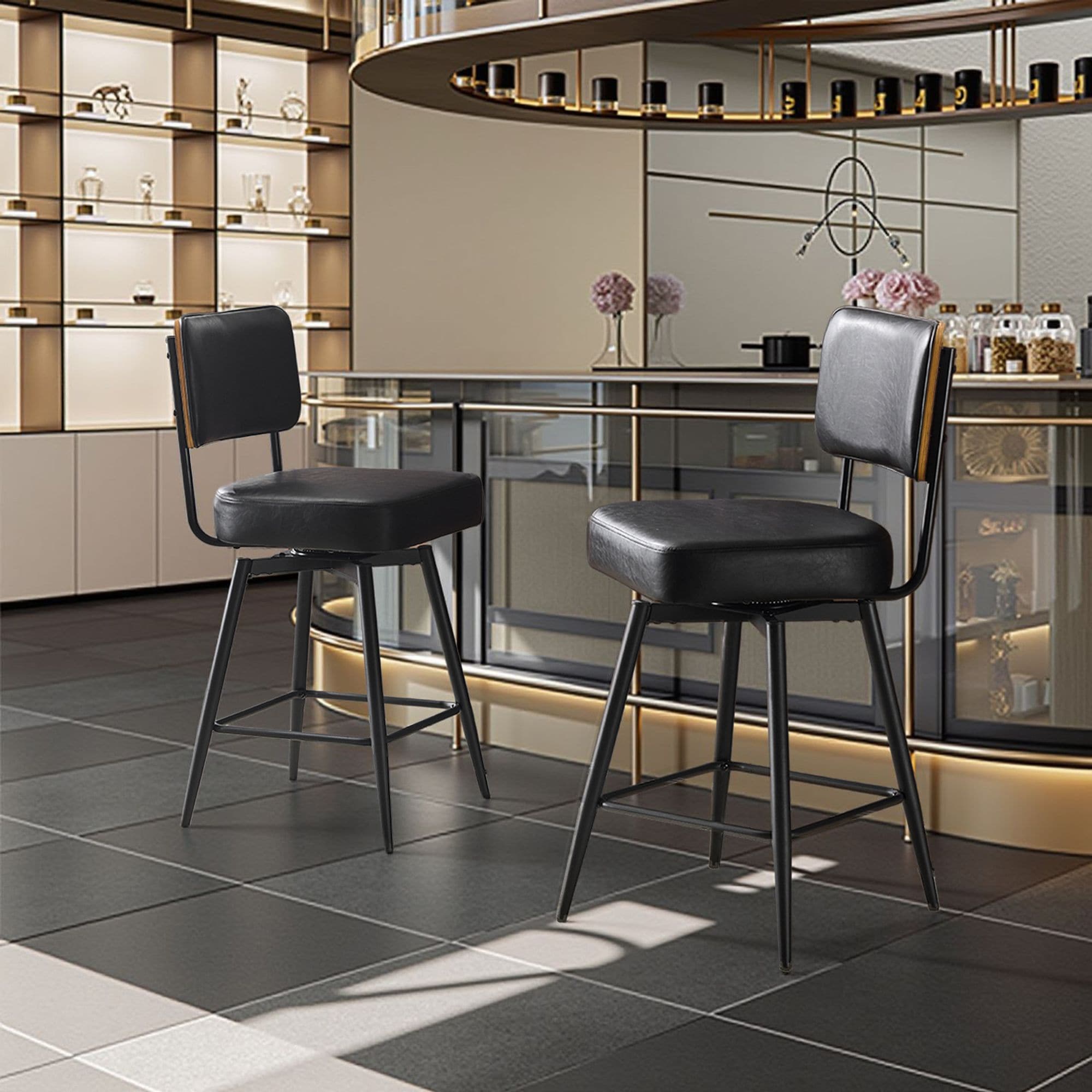 Winado  Set Of 2 Black PU Leather And Curved Wood Back Bar Stools Iron Base Swivel
