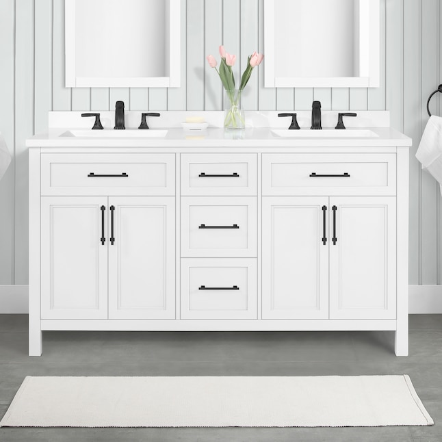 Allen Roth Brinkhaven 60 In White, 60 In White Double Sink Bathroom Vanity With Engineered Stone Top