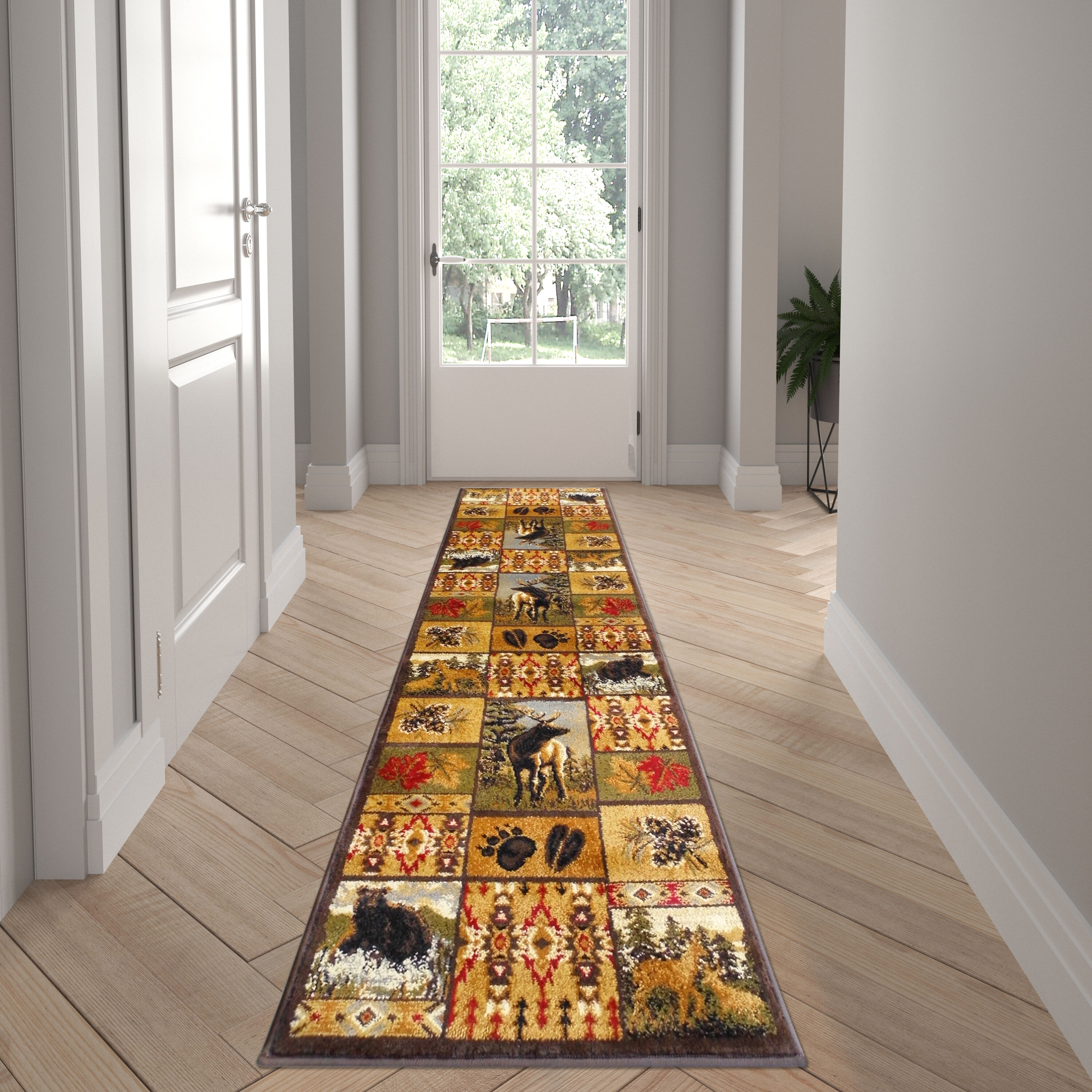 Emma + Oliver - Boulder 2x7 Rustic Cabin Olefin Accent Runner with Bear and Elk Scenes in Full Co...