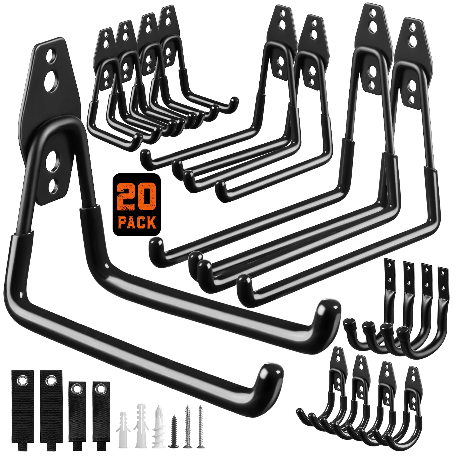 Phewnyzo  Garage Storage Hooks 20 Pack Heavy Duty Steel Wall Mount Hooks with Non Slip Coating for Organizing Tools Bikes Ladders and More Black