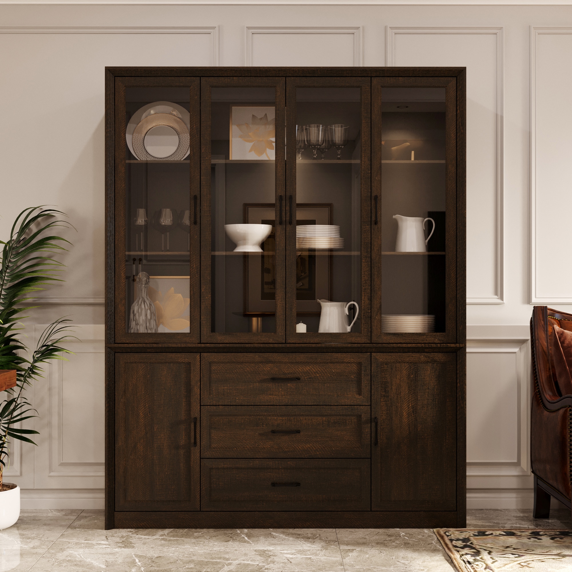 Homsee V-KF200305-02-AB Modern Dark Brown 6 Door 3 Drawer Pantry with Black Metal Handles and Glass Panels Spacious Storage Cabinet for Kitchen or Dining Room