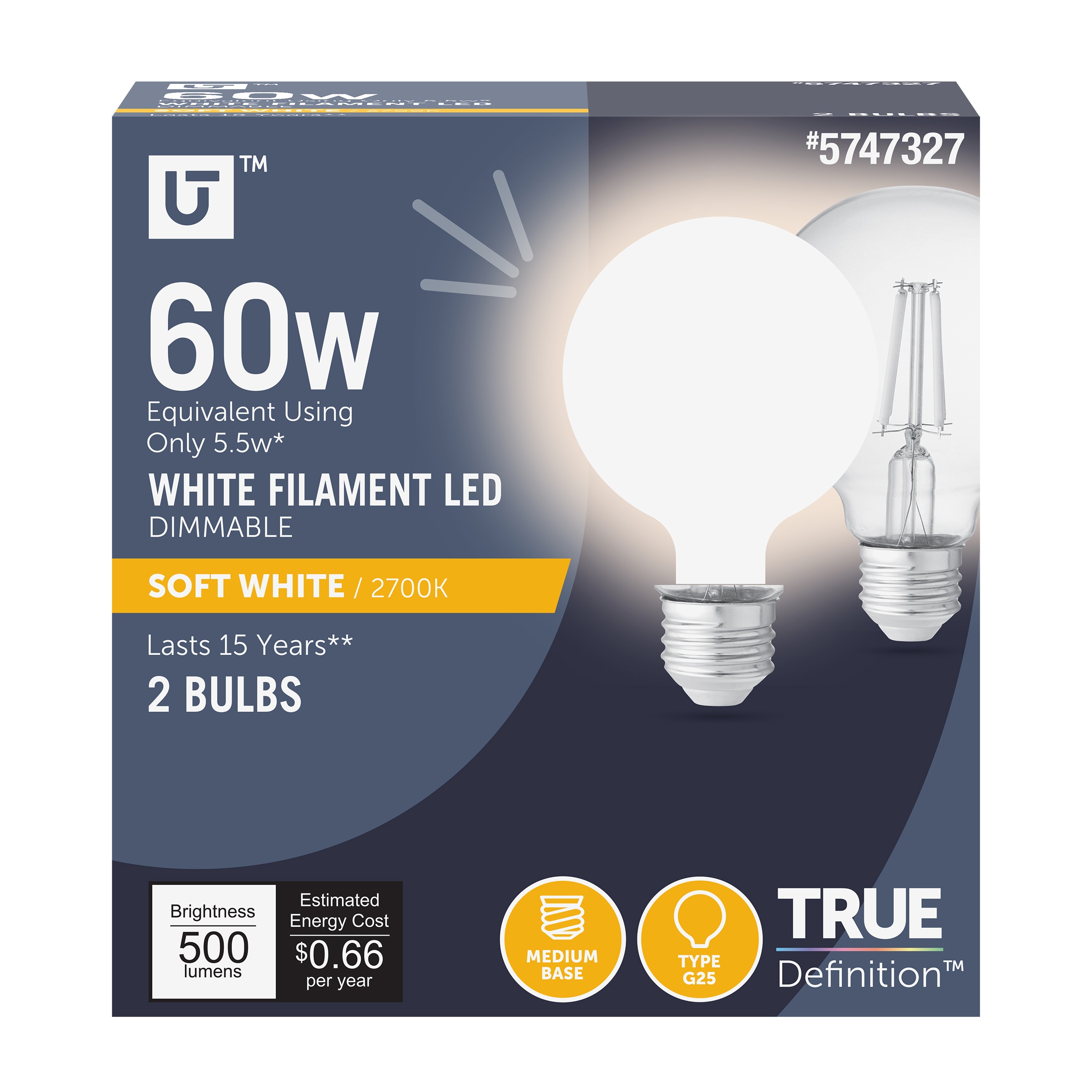 Utilitech LG2560/927CA/WFIL/2 White Filament 60 -Watt EQ G25 Soft white E26 Dimmable LED General purpose Light Bulb 2 -Pack