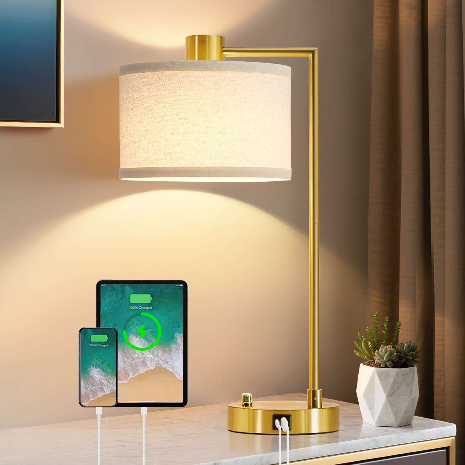 Table Lamps 14.7-in Gold LED Rotary socket Downbridge Table Lamp with Linen Shade 2 -Set