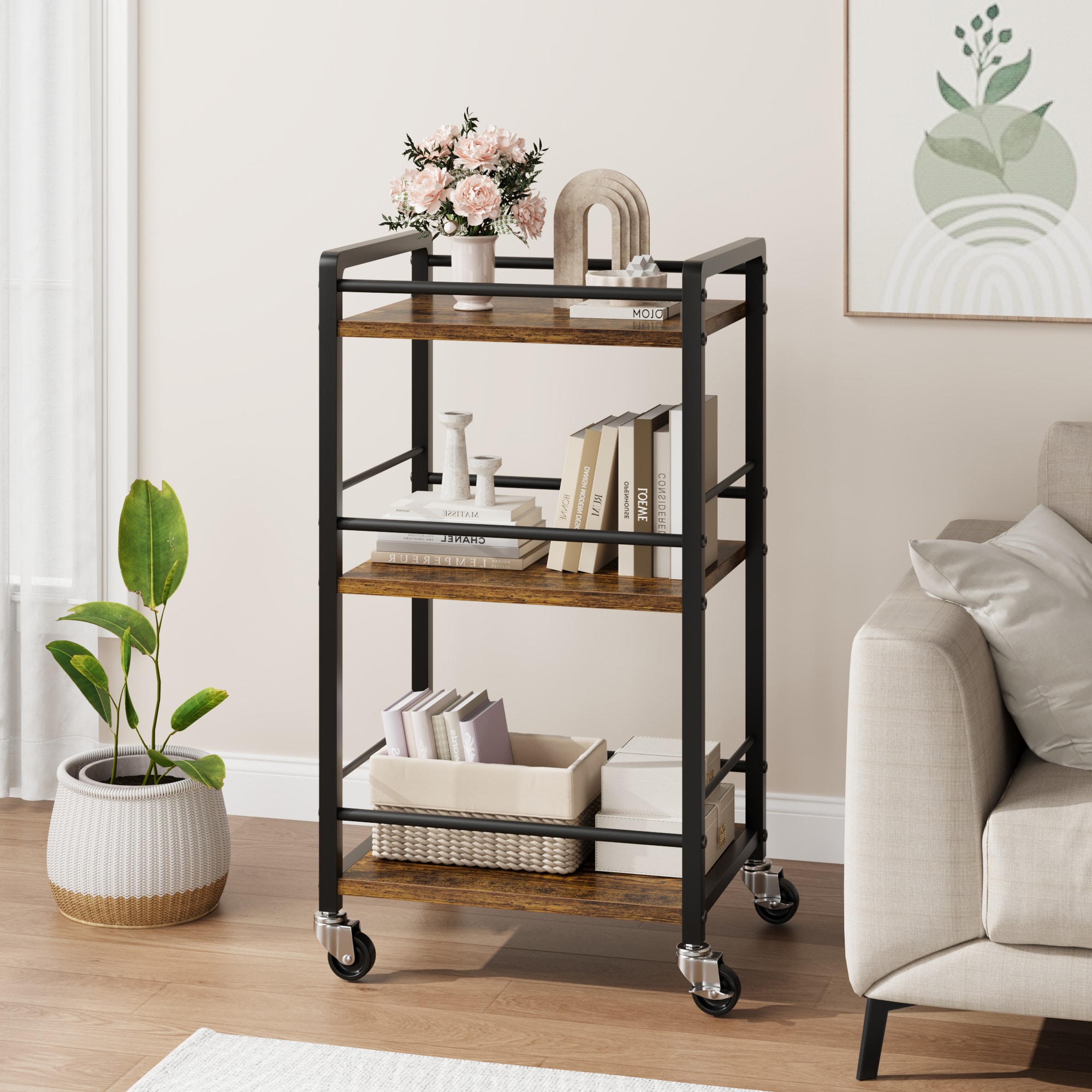 IdealHouse 3 Tier Rolling Bar Cart with Wheels Compact Utility Storage for Home Kitchen Dining or Living Room Mobile Beverage and Coffee Station Vintage Style #CMC-NPXK-2I3SN1UG8