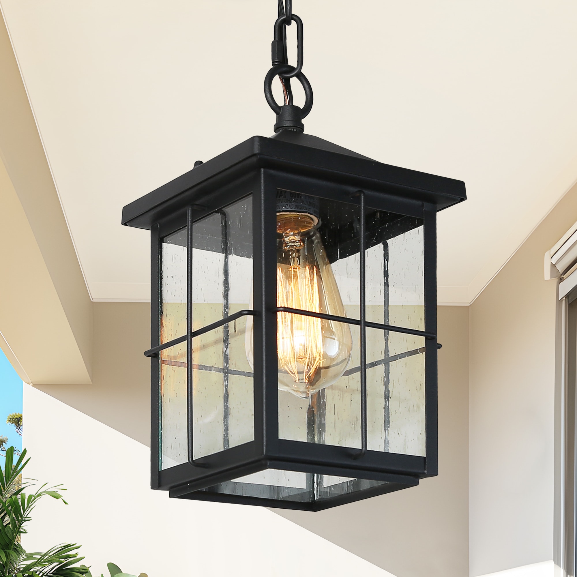 LNC 2YERZILWS254P47 Orlan 1 -Light Matte Black and Seeded Glass Farmhouse Seeded glass Lantern Medium Outdoor Hanging Pendant light