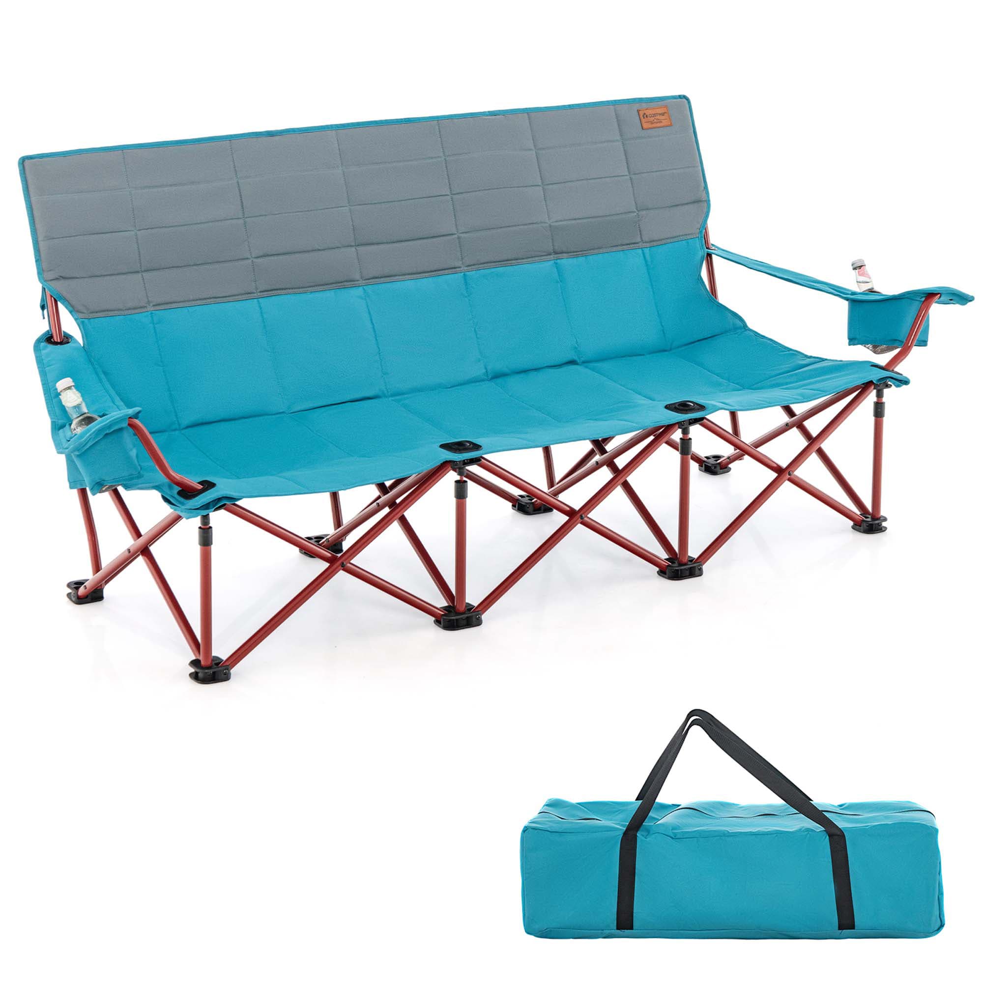 Costway HCST01753 Set of 3 Red Metal Frame Stationary Beach Chair with Blue Mesh Seat