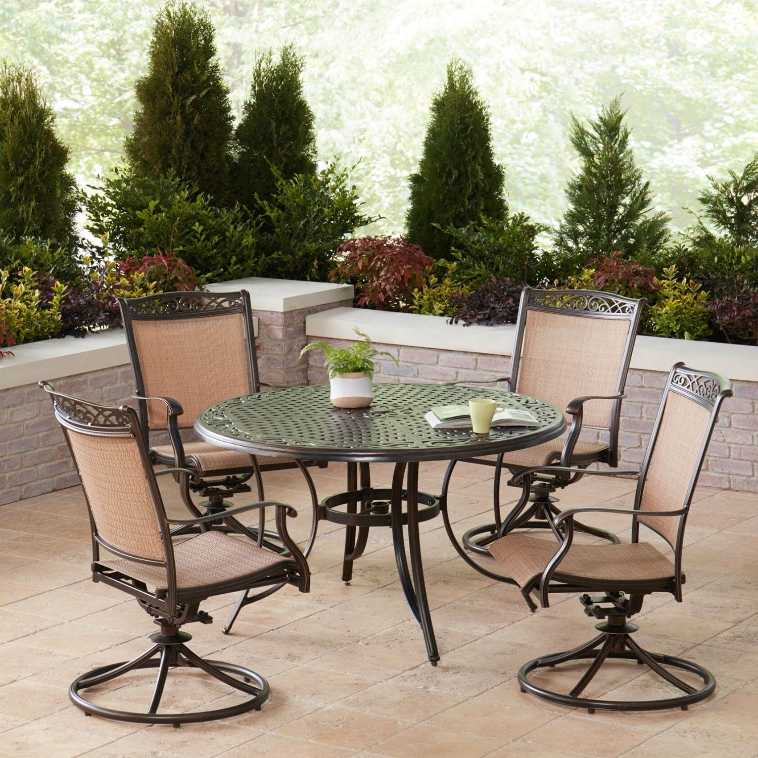 Fontana Bronze 48" Round Cast-Top Table with Tan Sling Swivel Chairs
