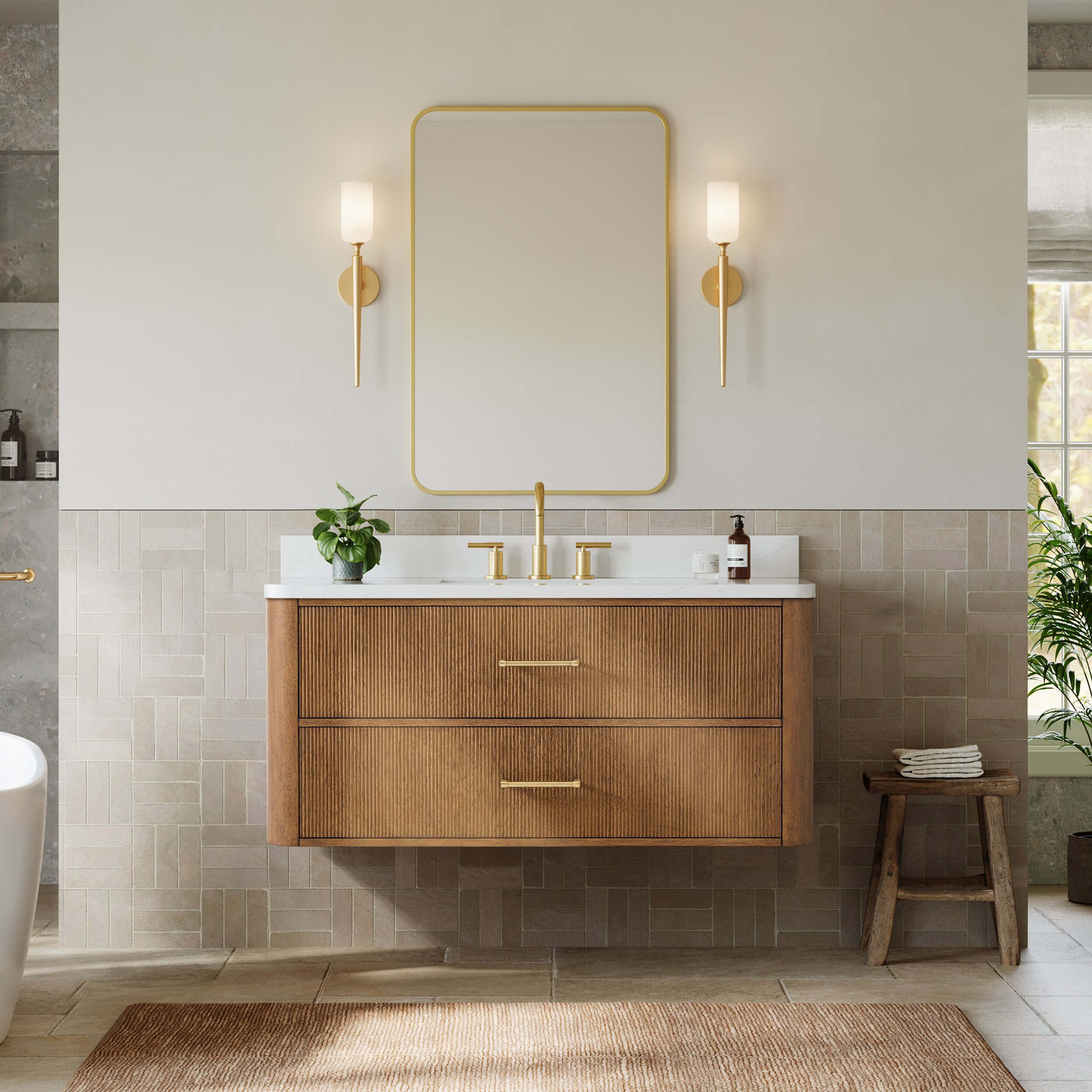 Wyndham Collection Francesca WM 48 Inch Single Wall Mounted Bathroom Vanity in Toasted Walnut, Rounded Giotto Quartz Countertop, Undermount Square Sink (3-Hole), Satin Bronze Trim