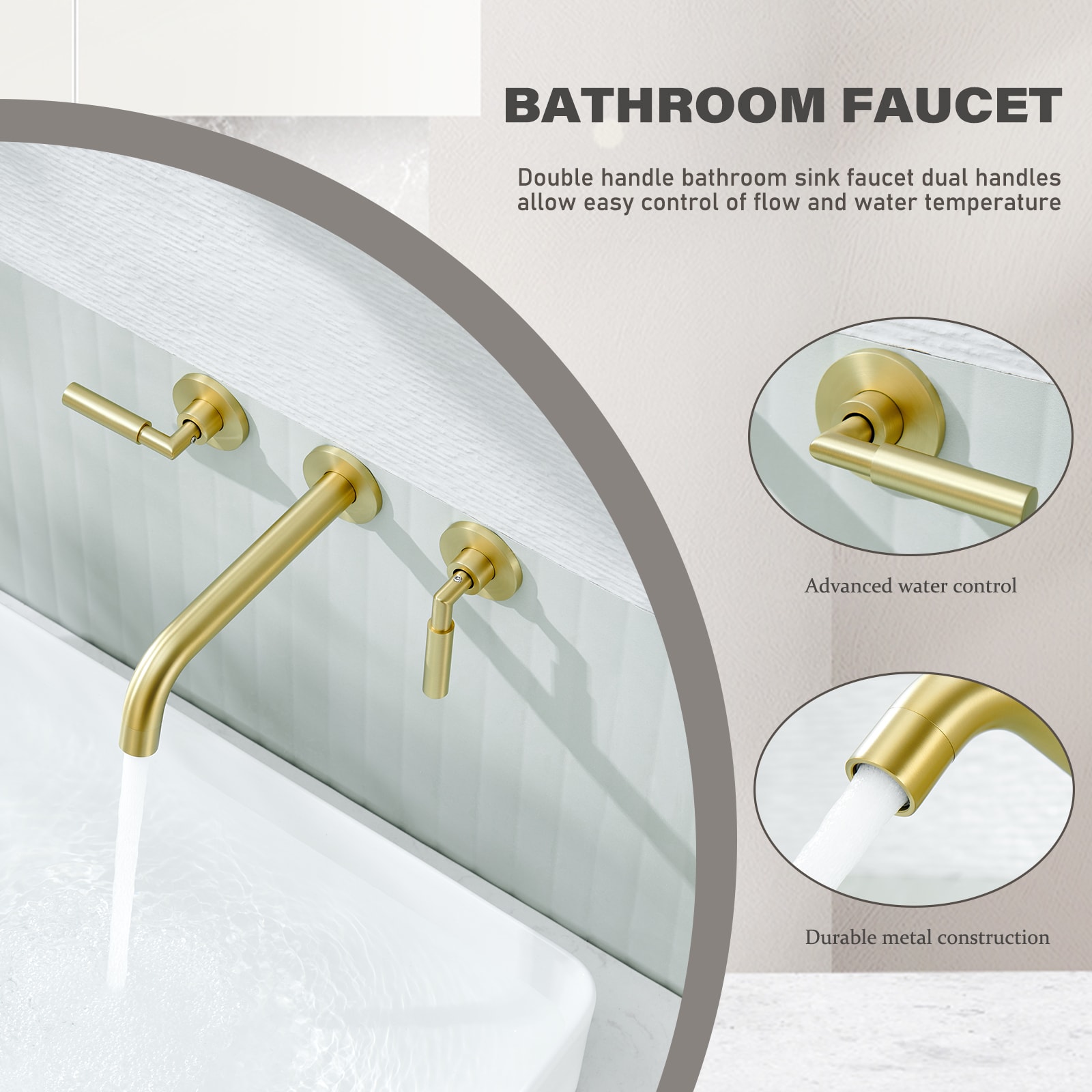 Brushed Gold Wall-Mounted Dual Handle Bathroom Faucet