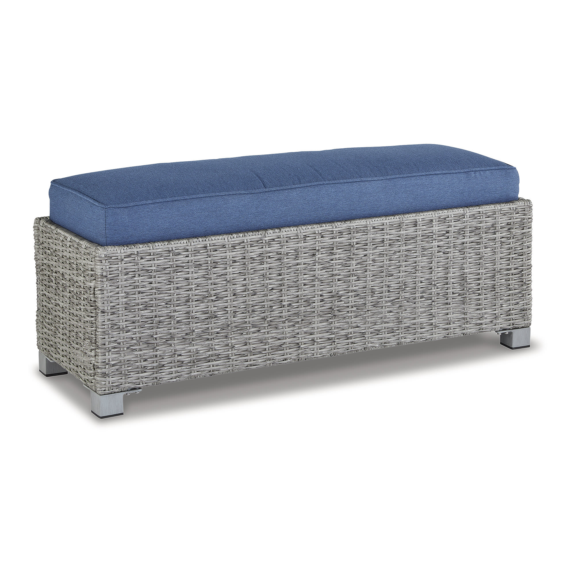 Signature Design by Ashley P439-600 Naples Beach Outdoor Bench with Cushion Contemporary Style Light Gray Resin Wicker Rust Free Aluminum