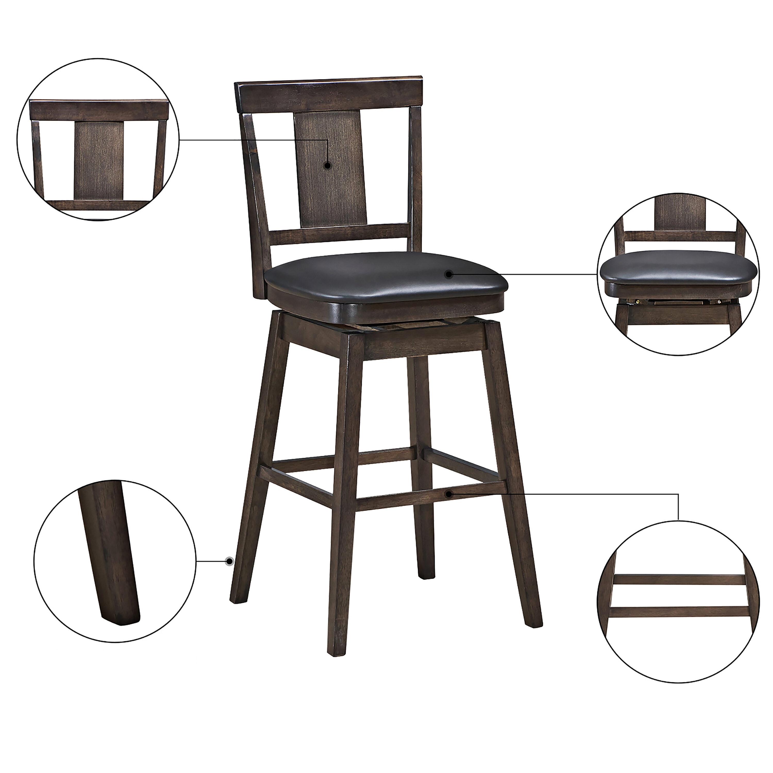 Brown Rubberwood and PVC Leather Swivel Bar Stool