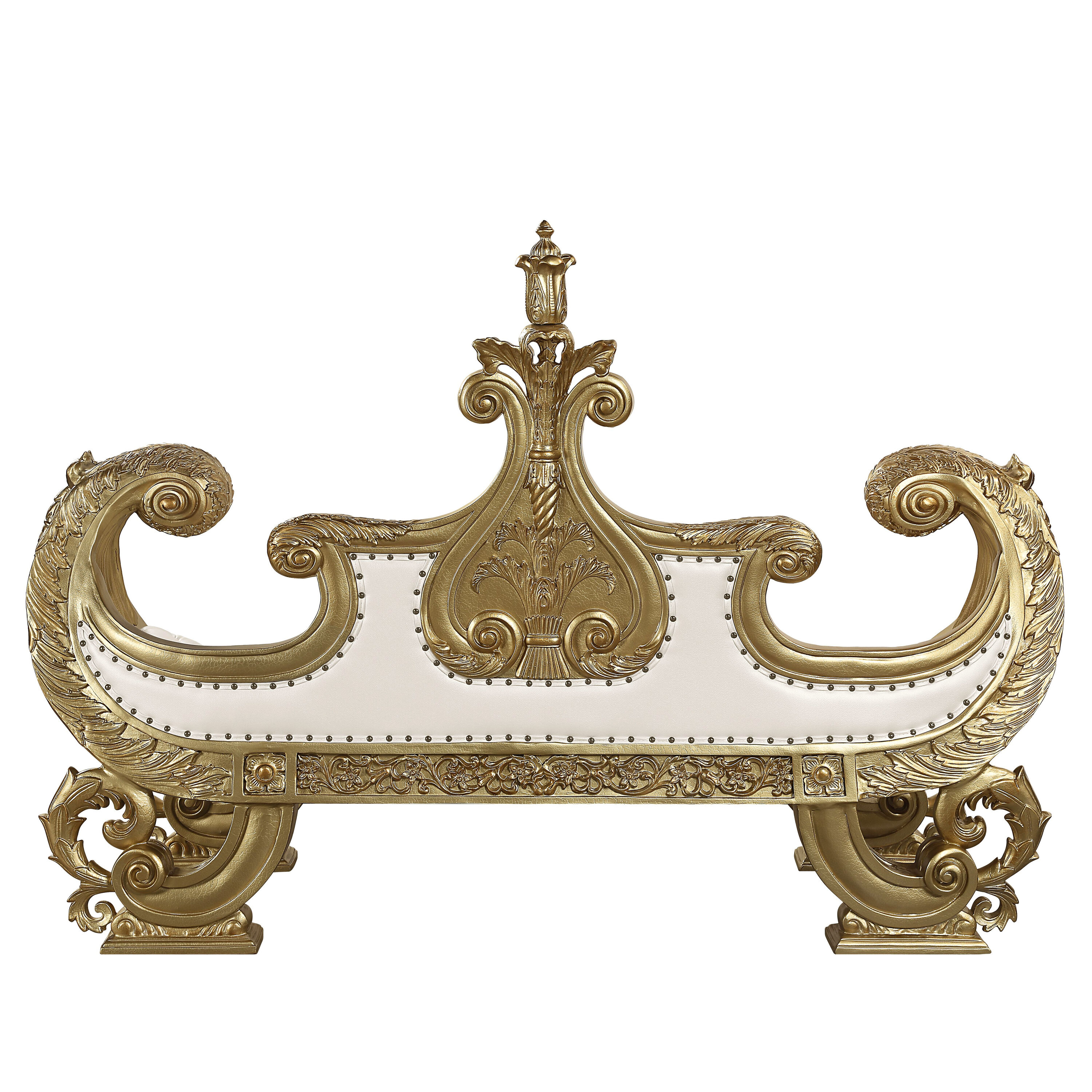 Bernadette White and Gold Synthetic Leather Bench with Intricate Scrollwork