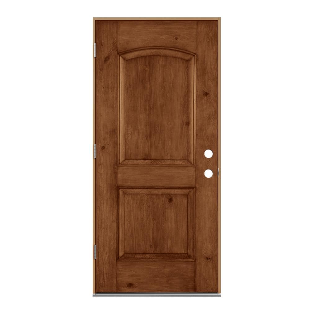 JELD-WEN LOWOLJW232400021 36-in x 80-in x 4-9/16-in Fiberglass No glass Right-hand outswing Hazelnut Stained Prehung Front Door Insulating core