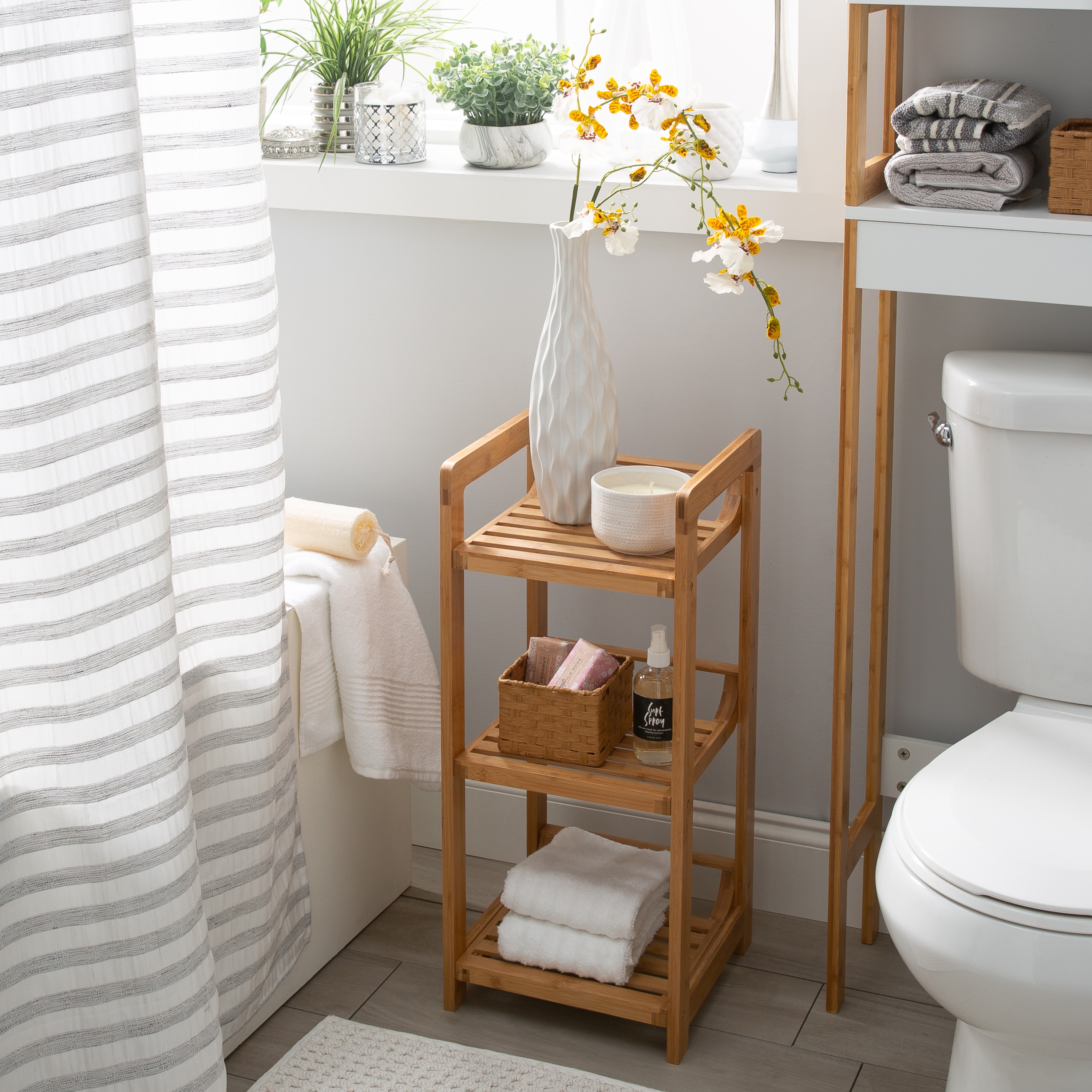 Bamboo Bathroom Shelves Organizer Shelves for Storage Black Adjustable 3  Tiers Floating Shelf Over The Toilet Storage with Hanging Rod