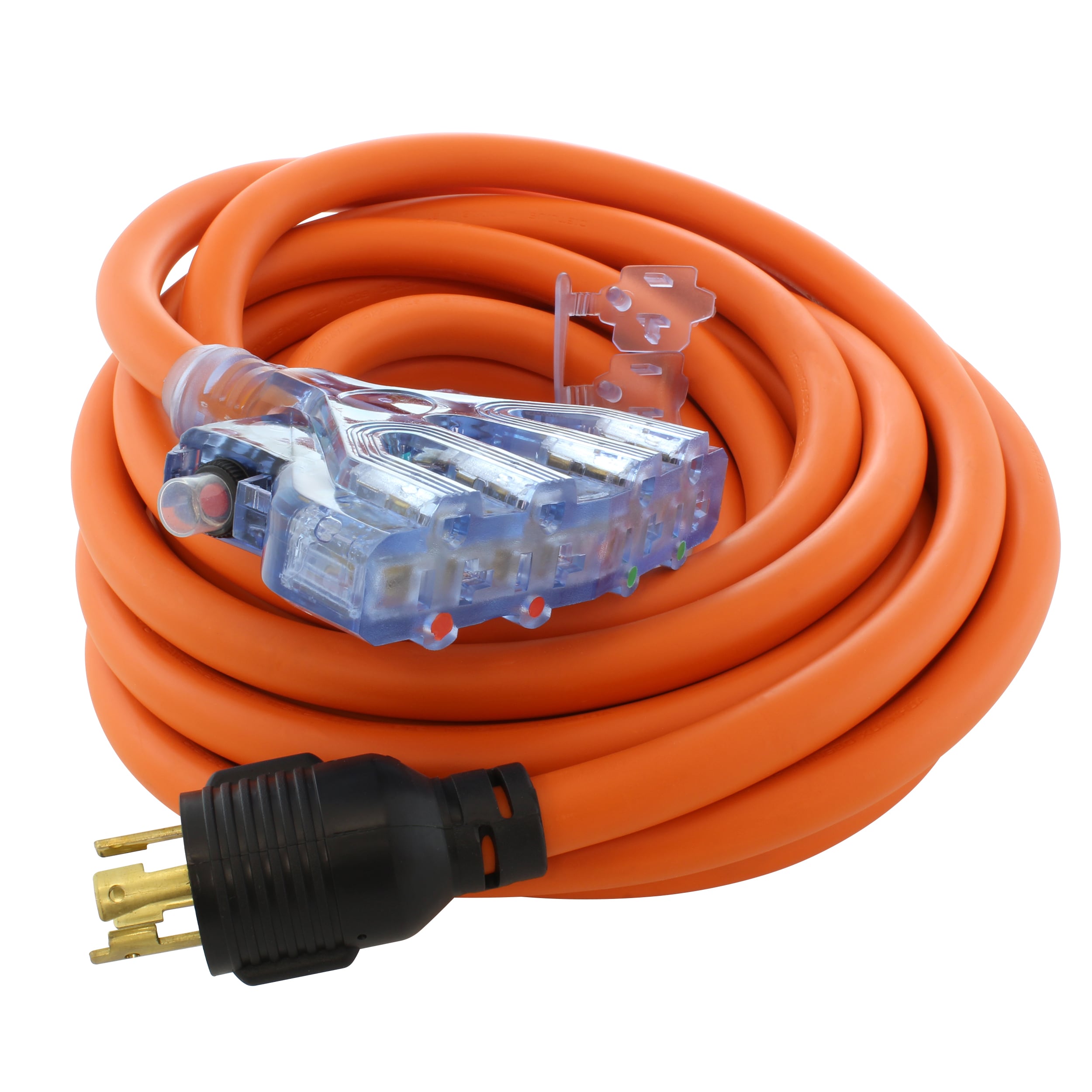 AC WORKS L1430CBF520-025 25ft NEMA L14-30P to Four NEMA 5-20R With Breakers 30 -Amp 4-wire to 3-wire grounding Single to four Orange Basic Flexible Adapter