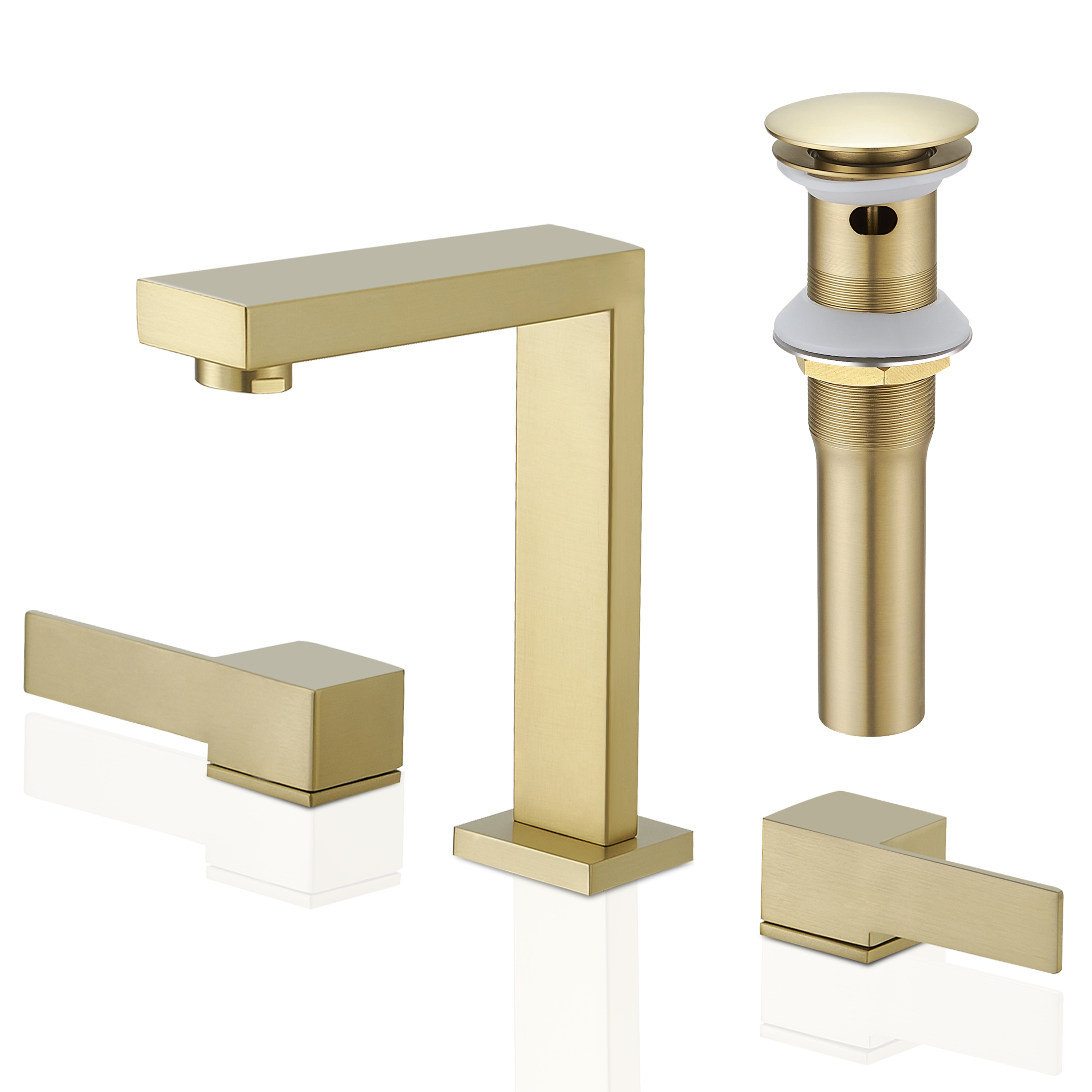 BWE A-916448-BG Brushed Gold Widespread 2-handle WaterSense High-arc Commercial/Residential Handle Bathroom Sink Faucet with Drain