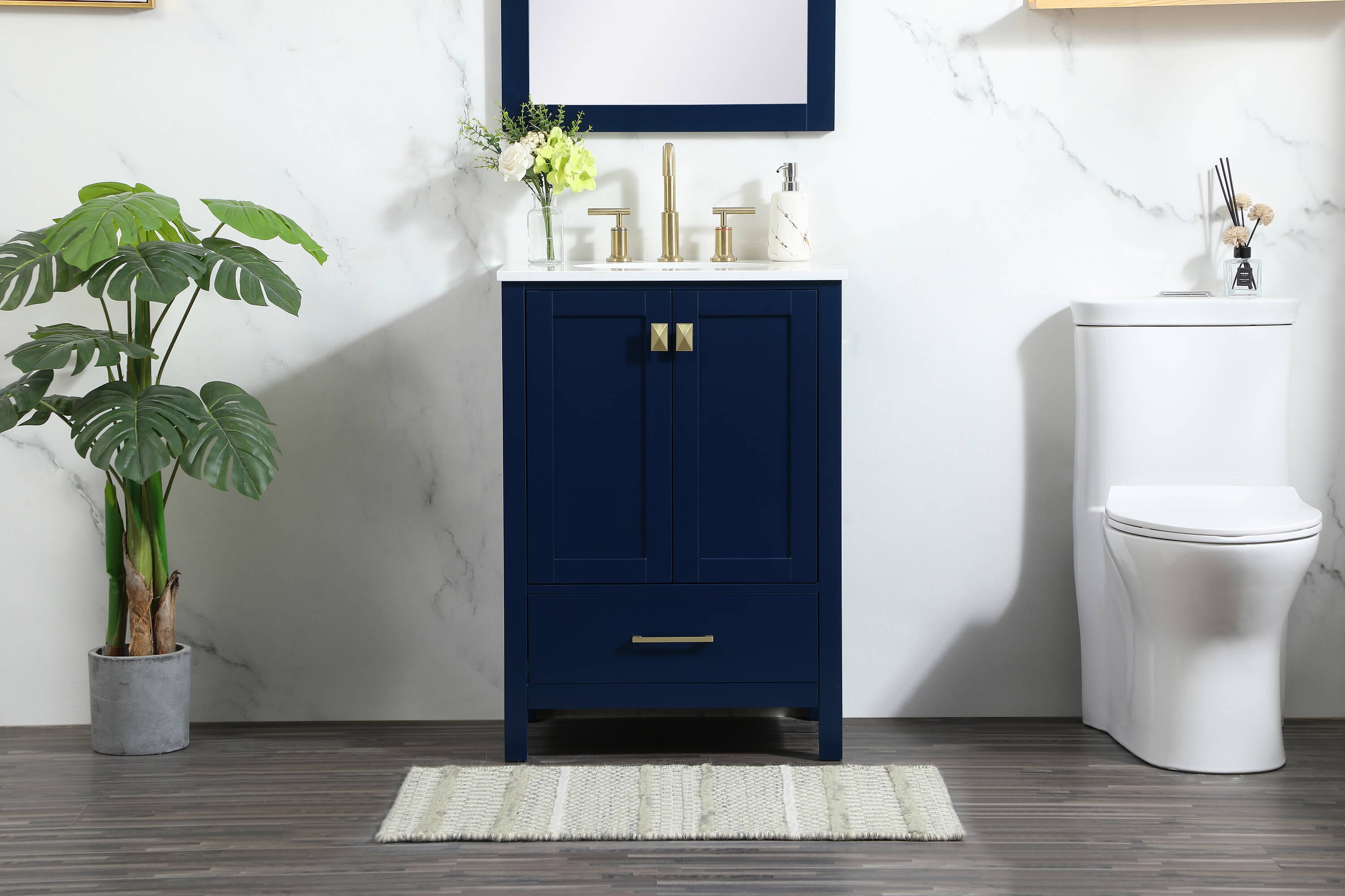 Blue MDF Single Bathroom Vanity with Gold Pulls and Quartz Top