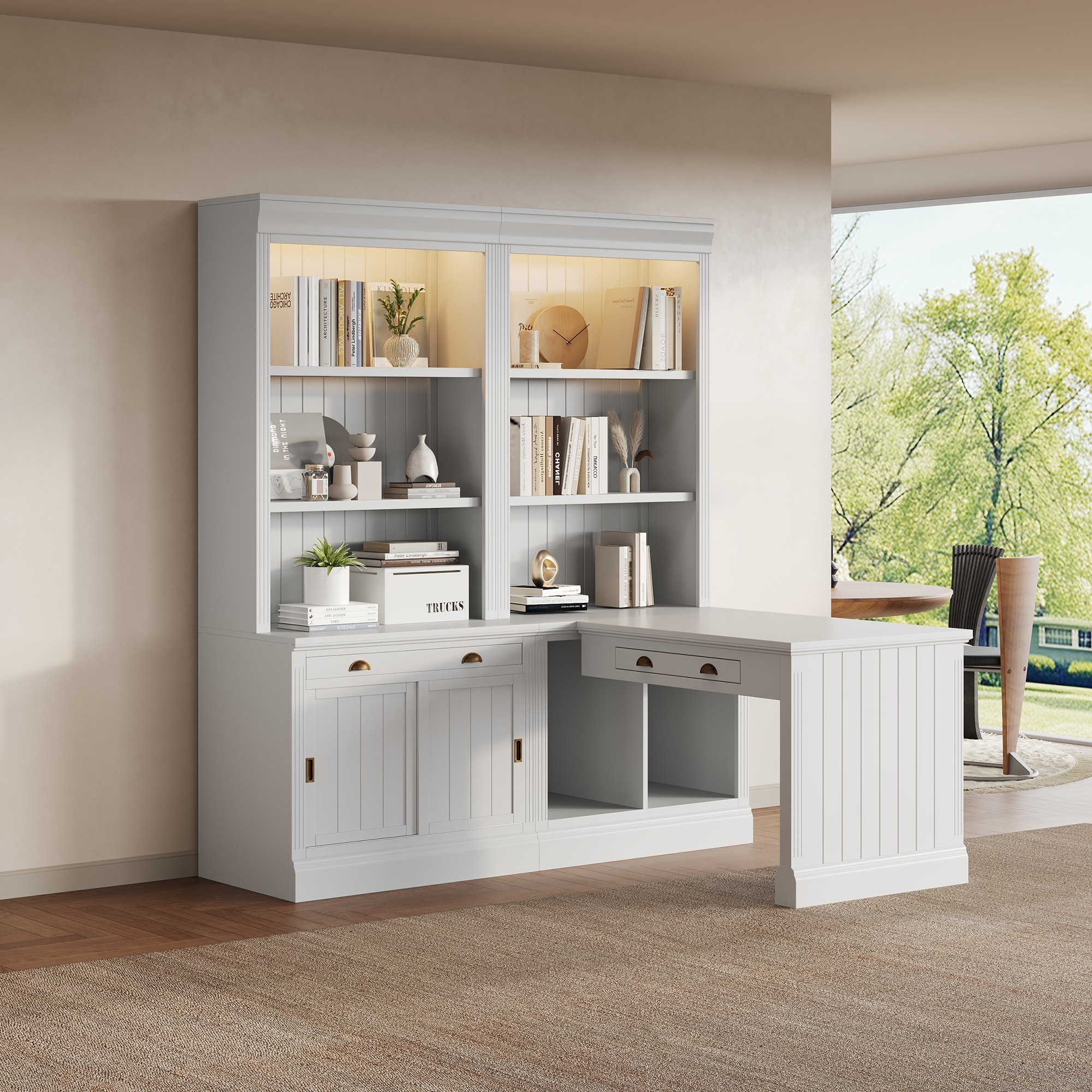 LOVMOR SF-Y-N751S059640K 83.4in Tall Bookshelf Writting Desk Suite Modern Bookcase Suite with LED Lighting Drawers Study Desk and Open Shelves 2-Piece Set Storage Bookshelf for Living Room Home Office Study room White