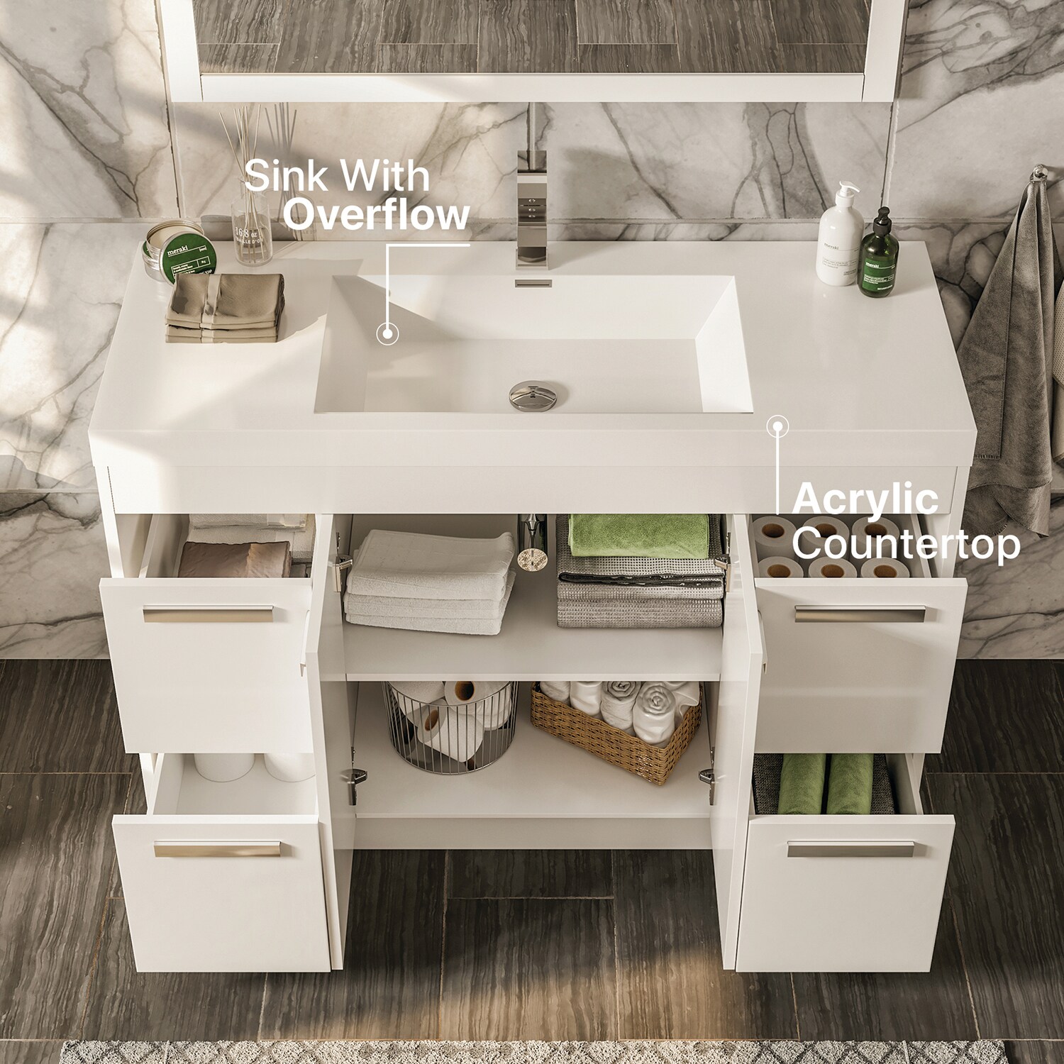 Lugano 48" White Modern Freestanding Single Sink Bathroom Vanity