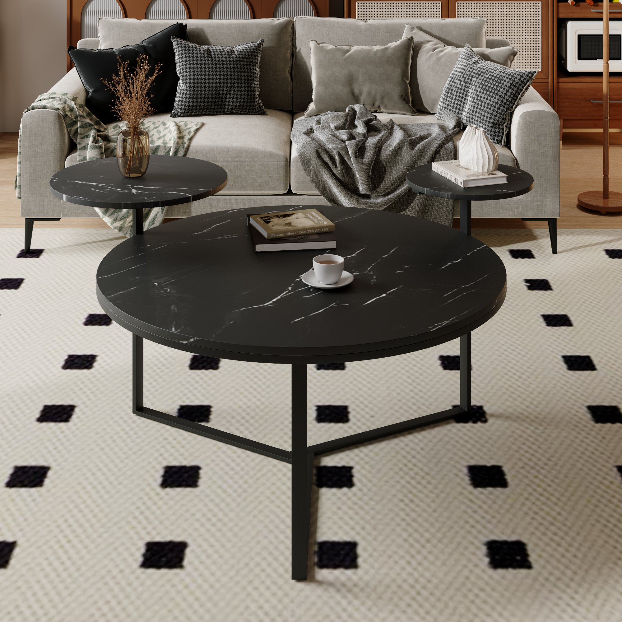 ModernLuxe L3P-N735P177472B Modern coffee table with two display shelves Black Faux marble surfaces Tripodinspired baseRounded tabletop edges