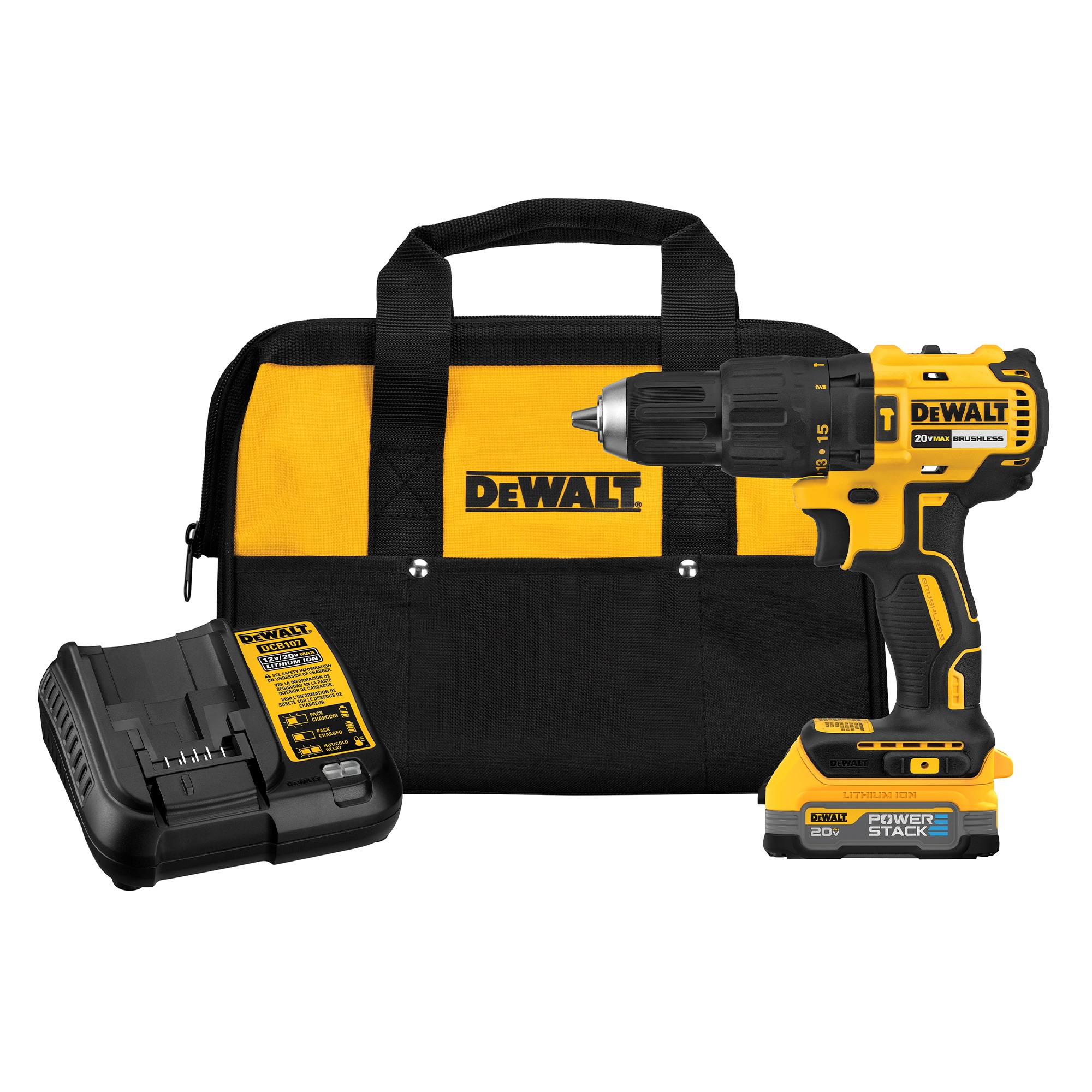 DEWALT POWERSTACK 1 2 in 20 volt Max 1.7 Amp Variable Brushless Cordless Hammer Drill 1 Battery and Charger Included DCD778E1 at Lowes